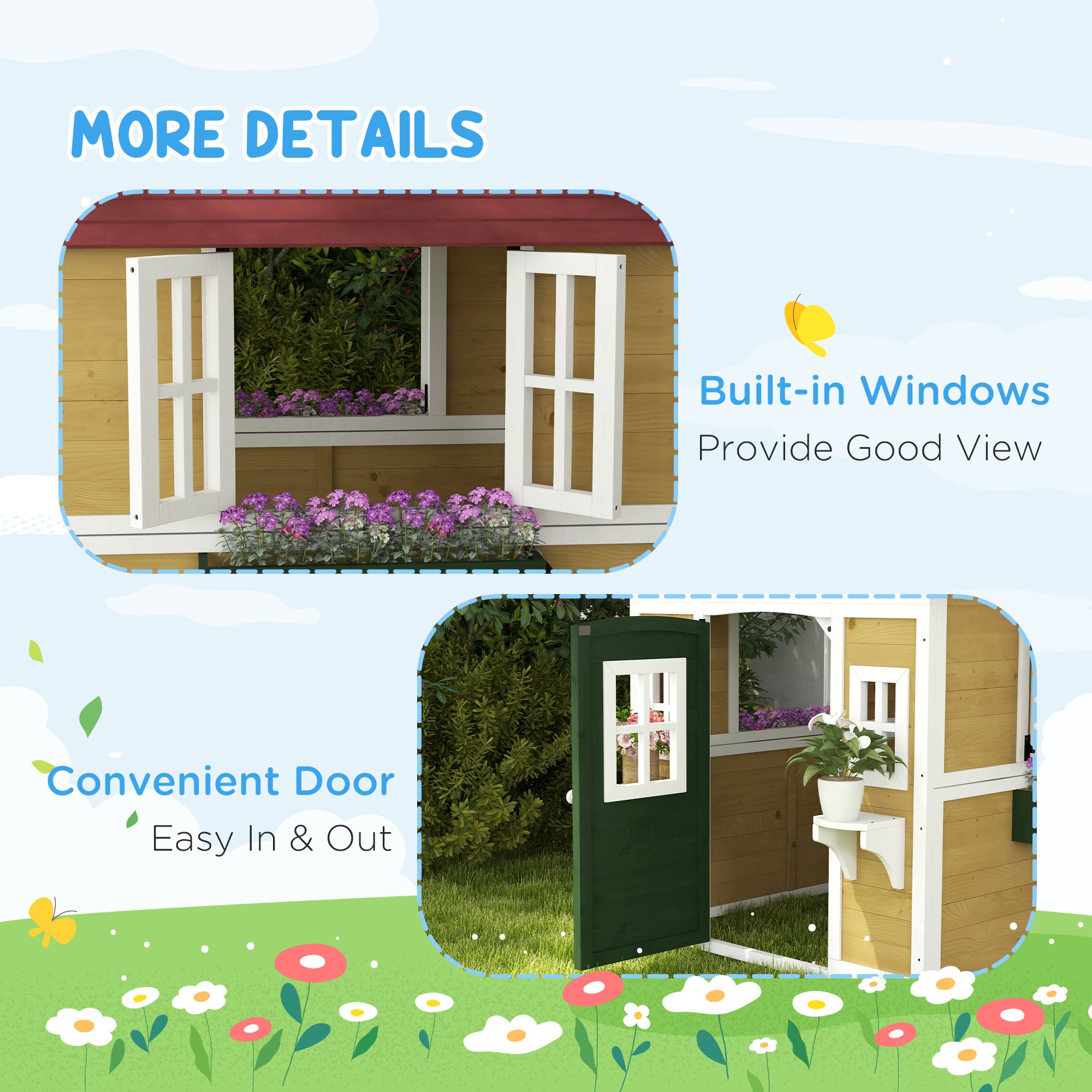Wooden Playhouse for Kids Outdoor with Doors, Windows, Planter Pots and Boxes for Toddlers 3-8 Years, Beige