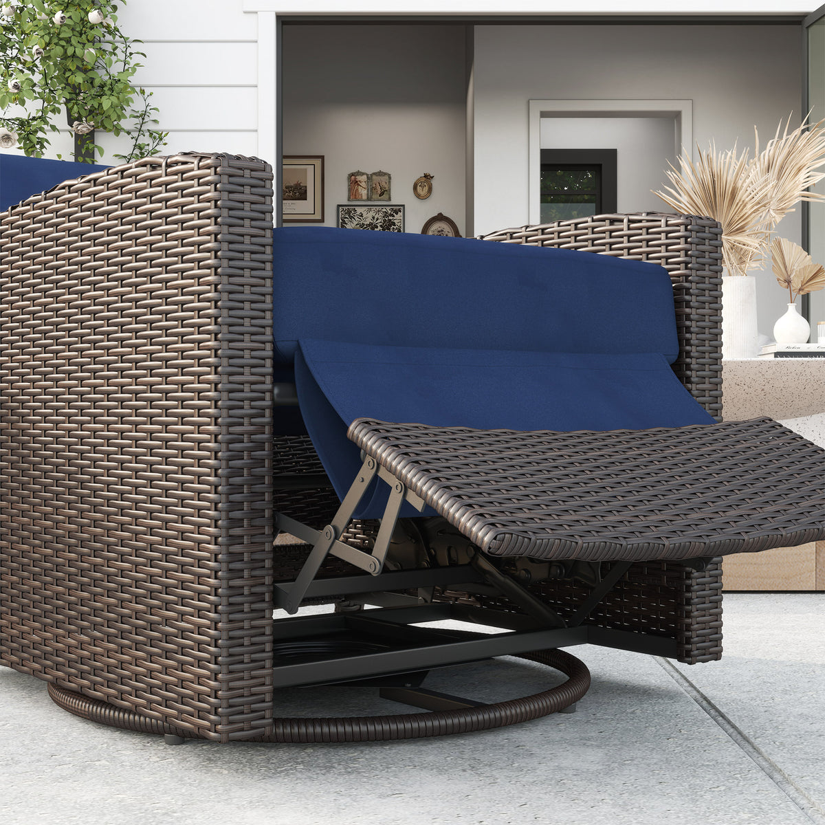 Outdoor Wicker Chair, Reclining Backrest, Lifting Footrest, 360° Rotating Basic, Water Resistant Cushions, Dark Blue