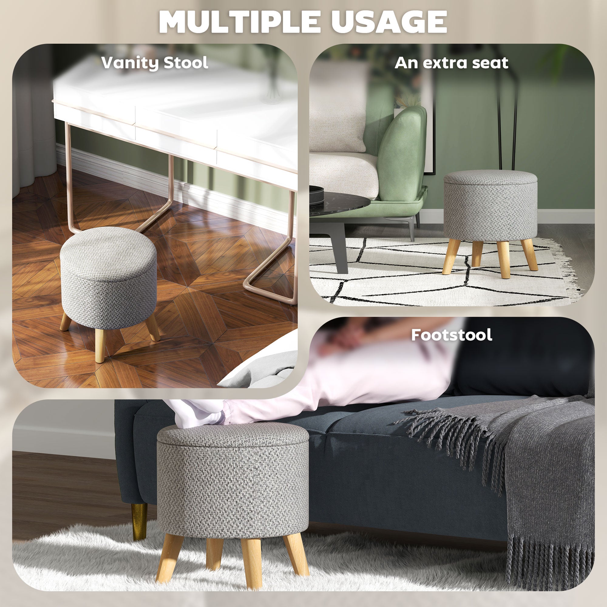 Round Ottoman Stool with Storage, Linen Upholstered Foot Stool with Padded Seat, Hidden Space and Wood Legs, Light Gray