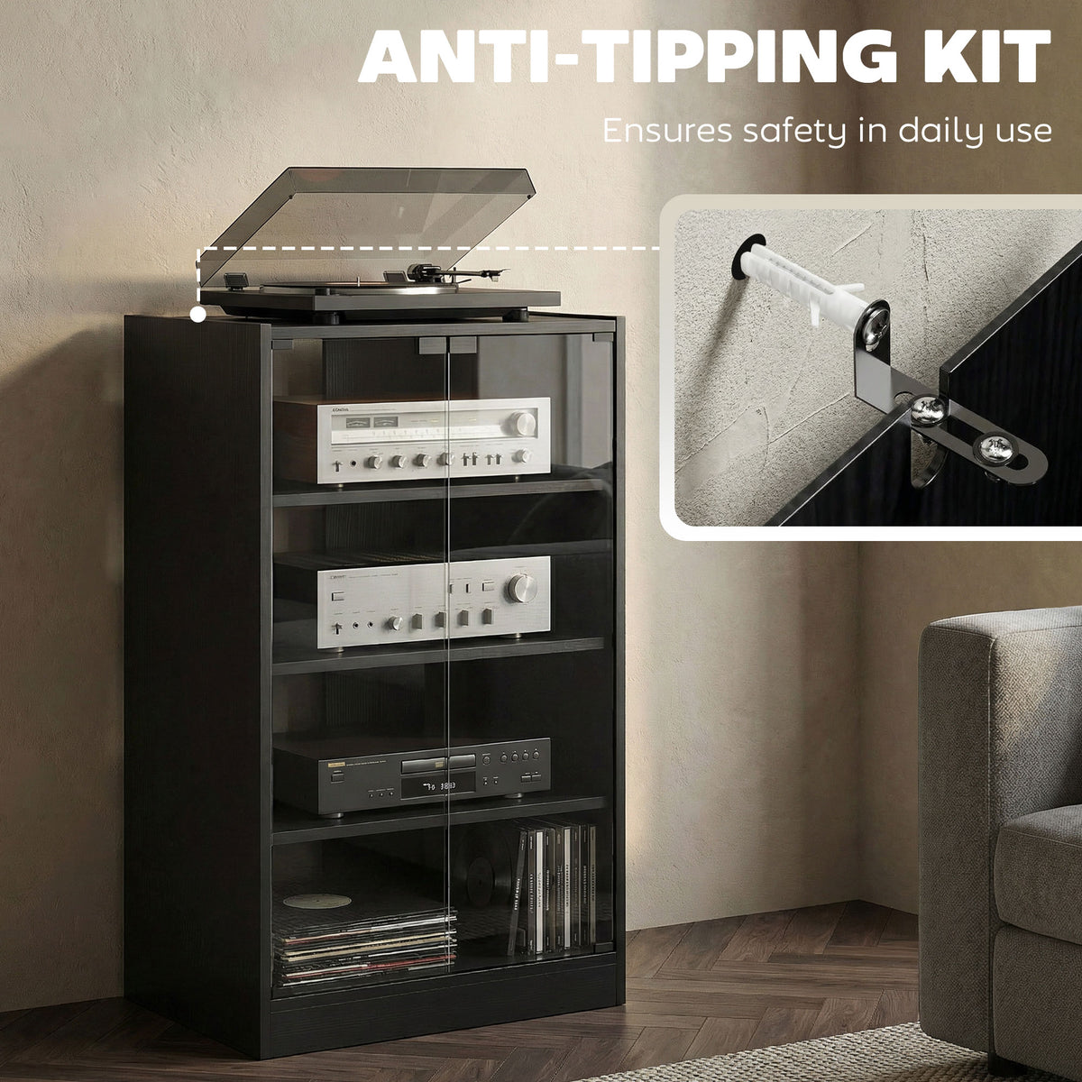 Media Cabinet, 4-Tier Stereo Cabinet for Vinyl Record Player, Gaming Console, AV Record Player Stand with Adjustable Shelves, Push-to-Open Glass Doors and Cable Management, Distressed Black