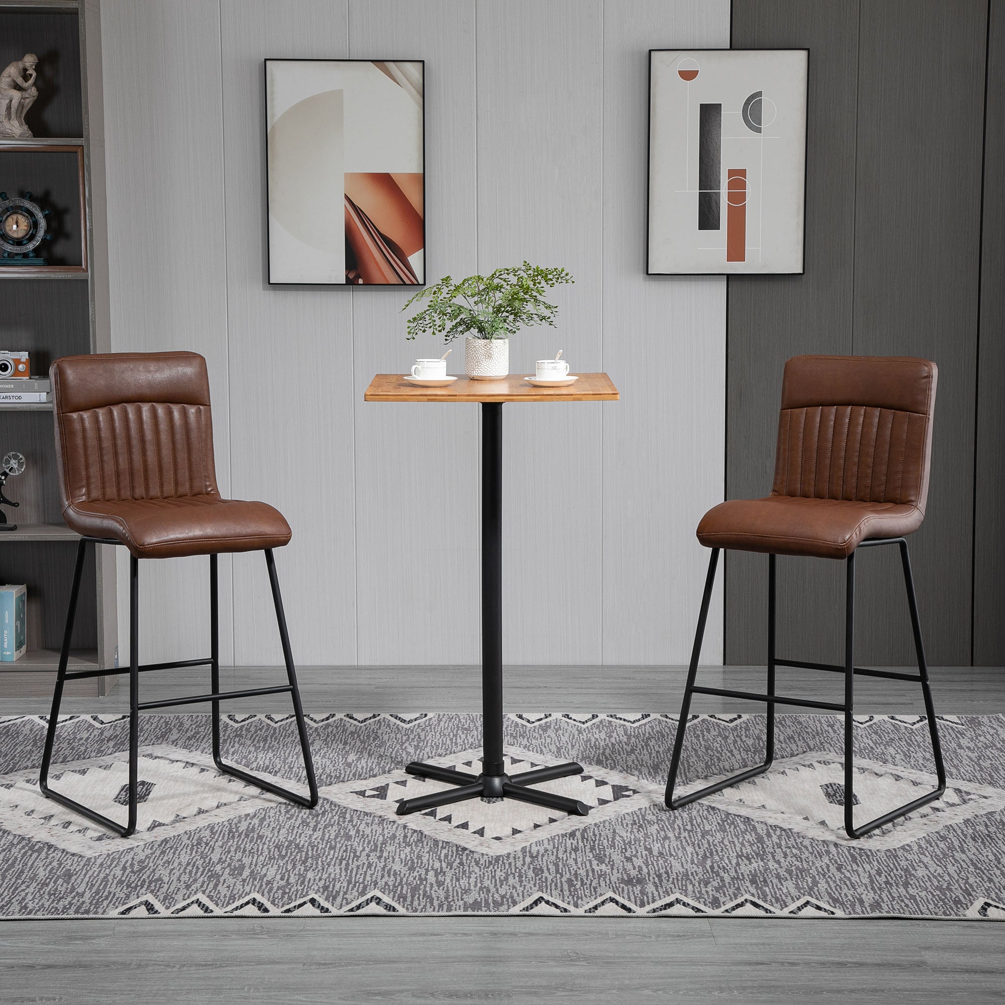 30" Industrial Bar Stool, PU Leather Barstool with Footrest, Upholstered Armless Pub Height Chair, Brown / Black