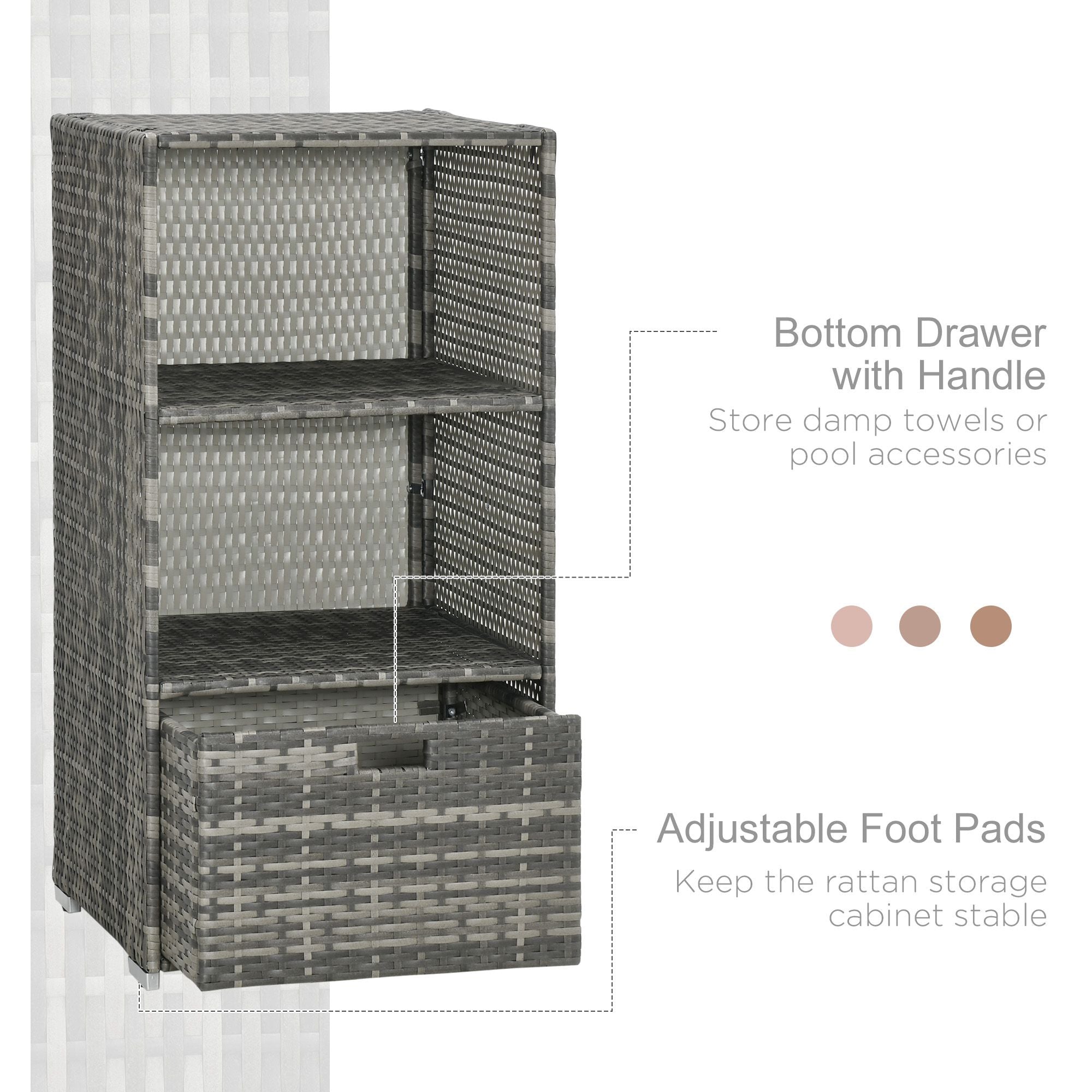 Valet Pool Towel Rack, Waterproof PE Plastic Rattan Wicker Storage Organizer, Indoor Outdoor Spa, and Hot Tub Accessory Storage, 2 Shelves, 1 Basket Drawer, Gray - Gray - Image 6