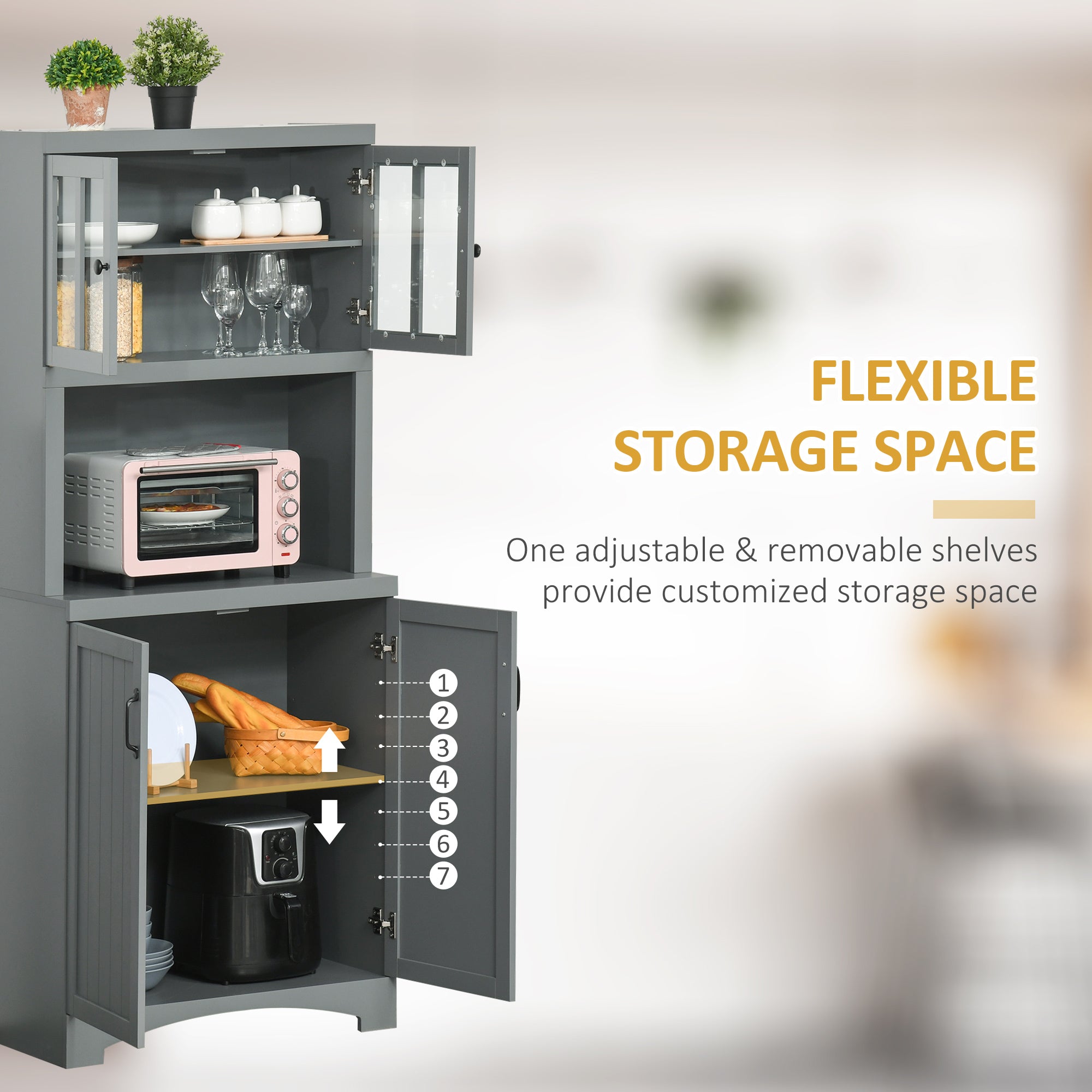 Storage Cabinet with Adjustable Shelves and Microwave Space, 70" Pantry Cabinet with Glass Framed Door, Gray