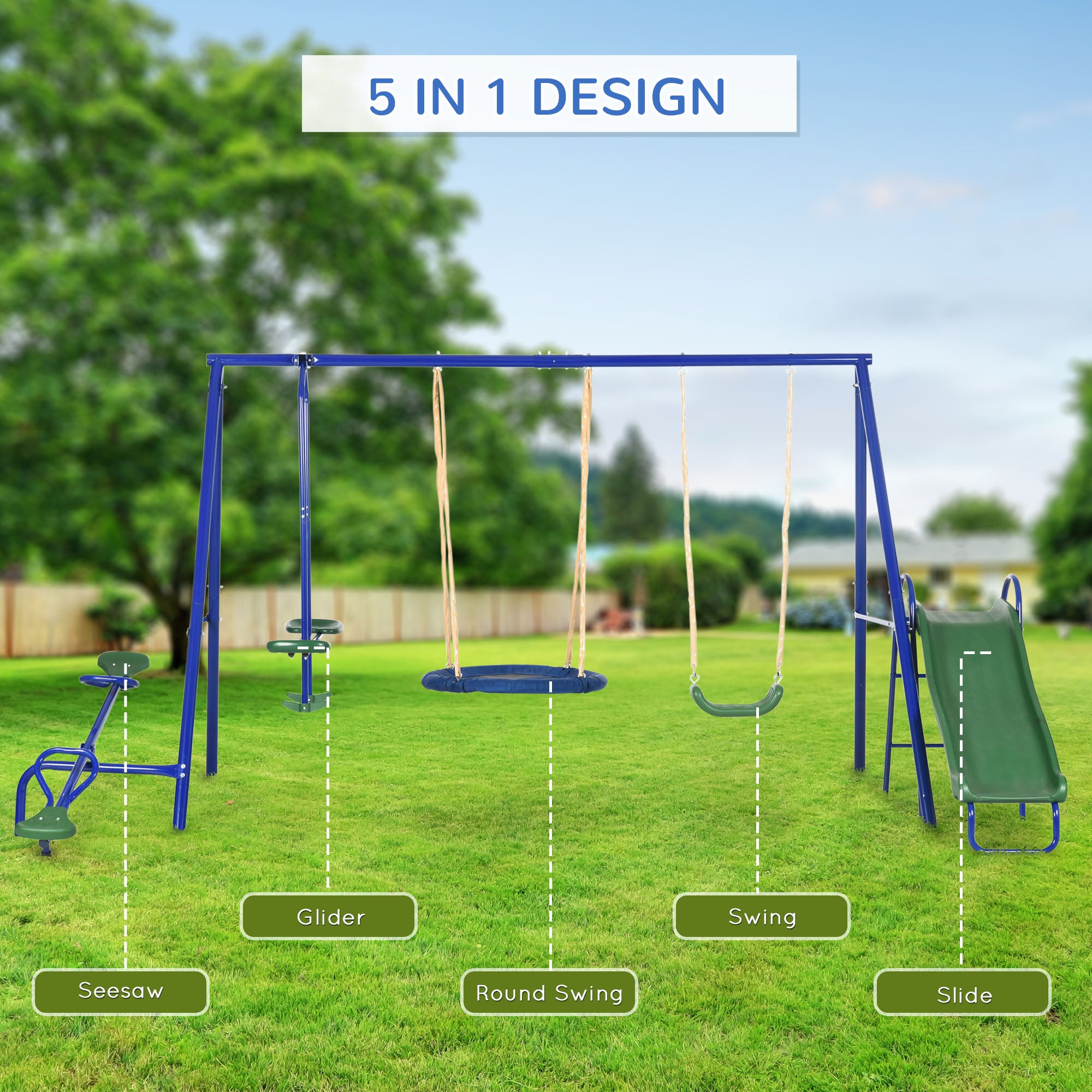 Swing Set for Backyard, 5 in 1 Outdoor Playset for Kids with Heavy-Duty A-Frame Stand, 29.5" Saucer Swing, Slide, Teeter-Totter, Glider, 693 Lbs Load, Blue