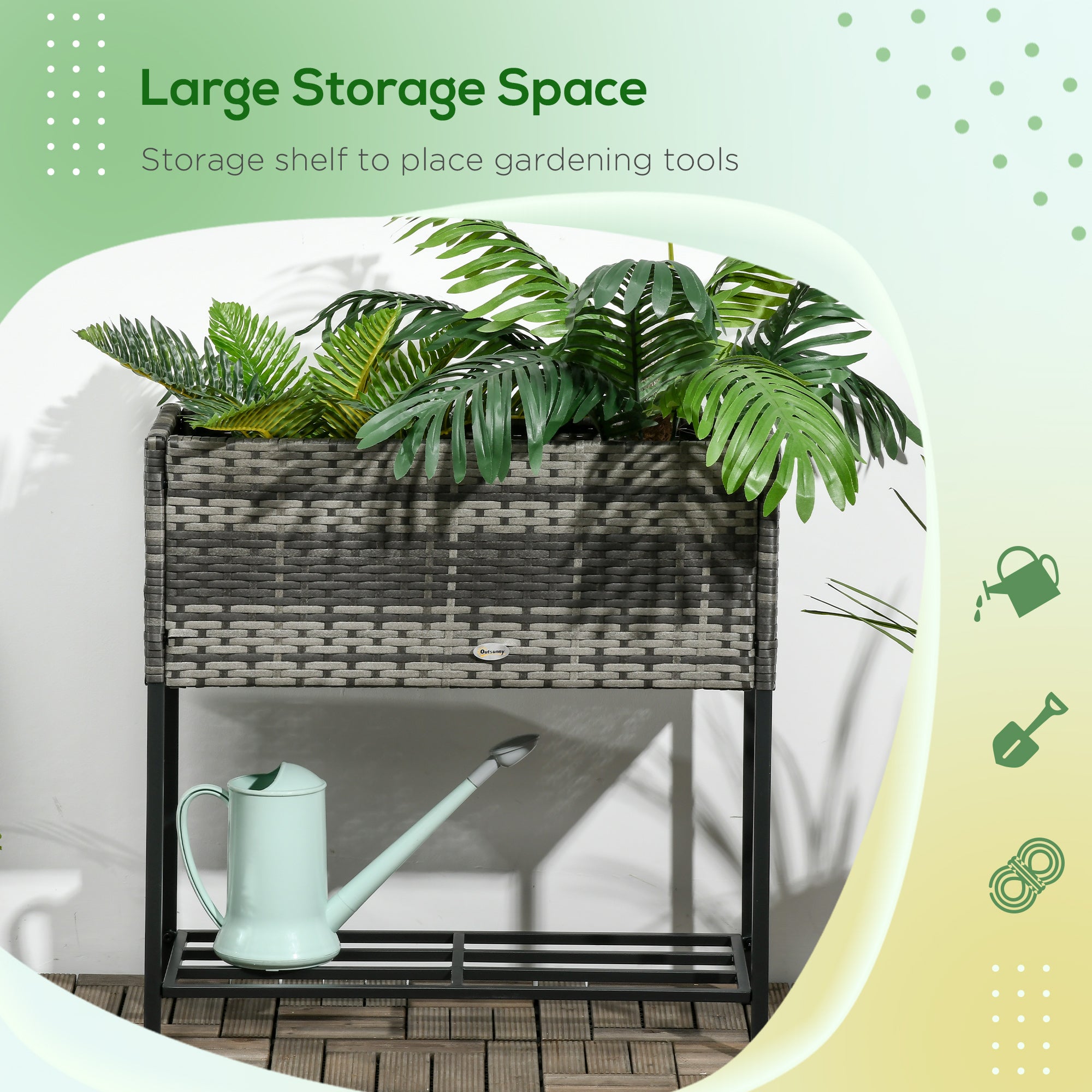 Raised Garden Bed, Elevated Planter Box with Rattan Wicker Look, Tool Storage Shelf, Portable Design for Herbs, Vegetables, Flowers, Gray - Gray - Image 7