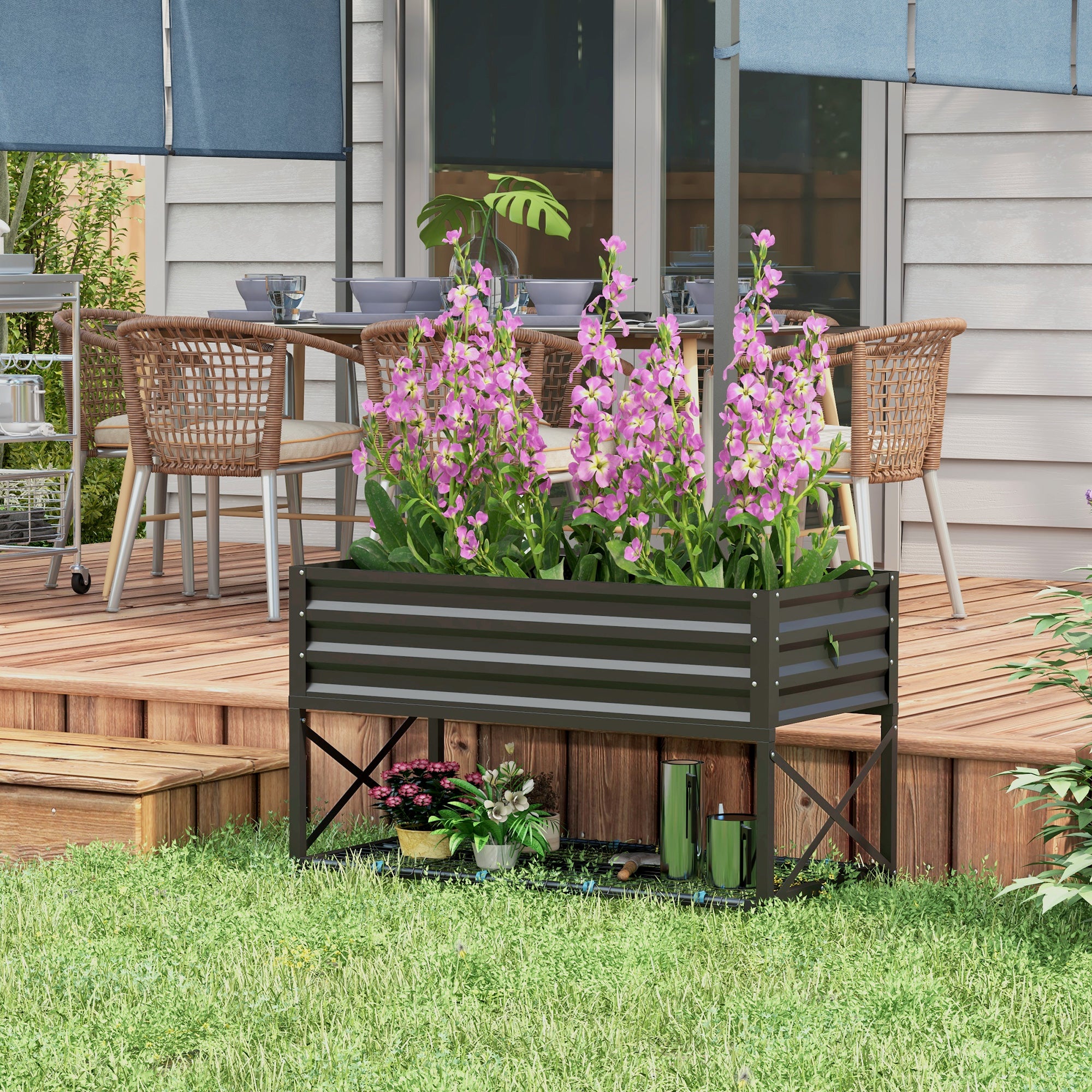 Galvanized Raised Garden Bed, Metal Planter Box with Legs, Storage Shelf and Bed Liner, Black - Black - Image 2