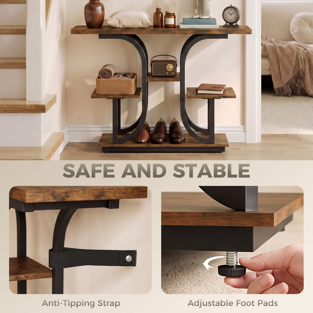 42.5" Modern Console Table, 3-Tier Narrow Entryway Table with Open Storage Shelves for Entryway, Rustic Brown