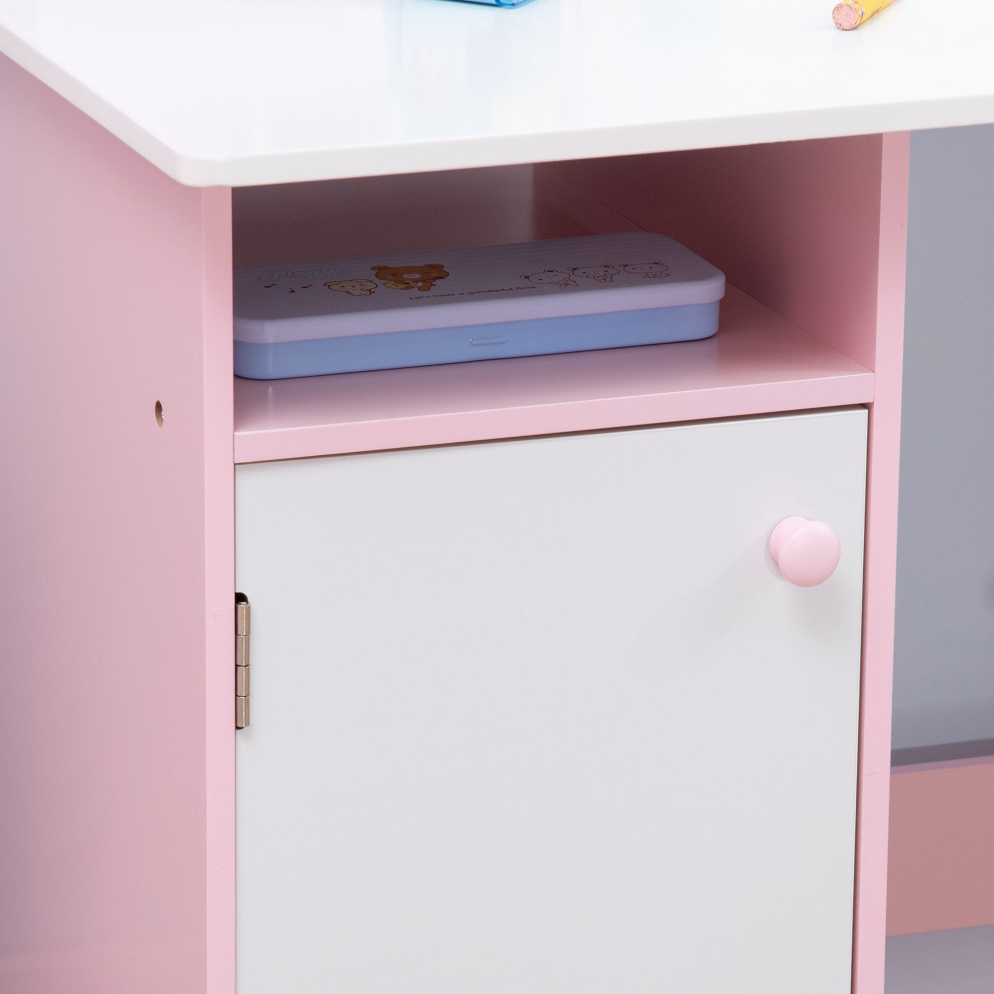 Toddler Table and Chair Set, Kids Writing Desk Homework Table with Whiteboard, Storage Cabinet, Pink