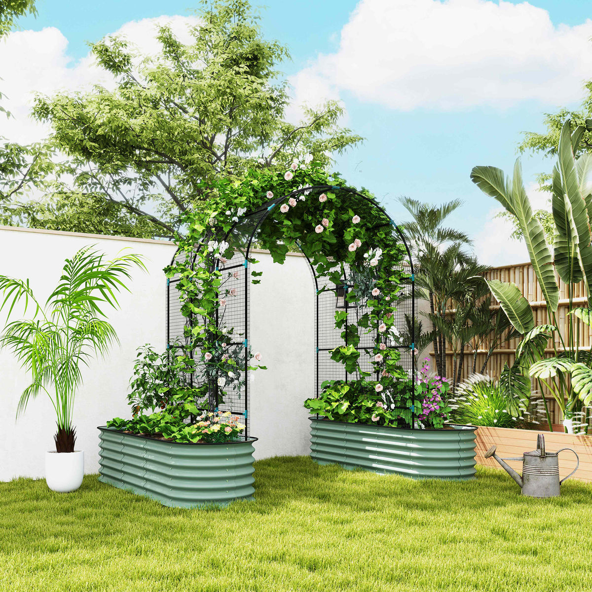 Raised Garden Beds Set with Arch Trellis, Climbing Net, Galvanized Planter Box for Climbing Vegetables Flowers Herbs