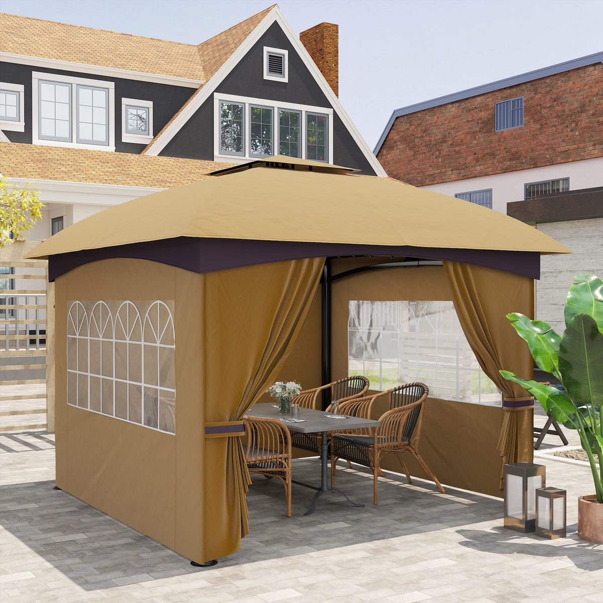 11' x 11' Outdoor Gazebo, Double Roof Patio Gazebo with Curtains, Church Windows, Galvanized Steel Frame, Beige