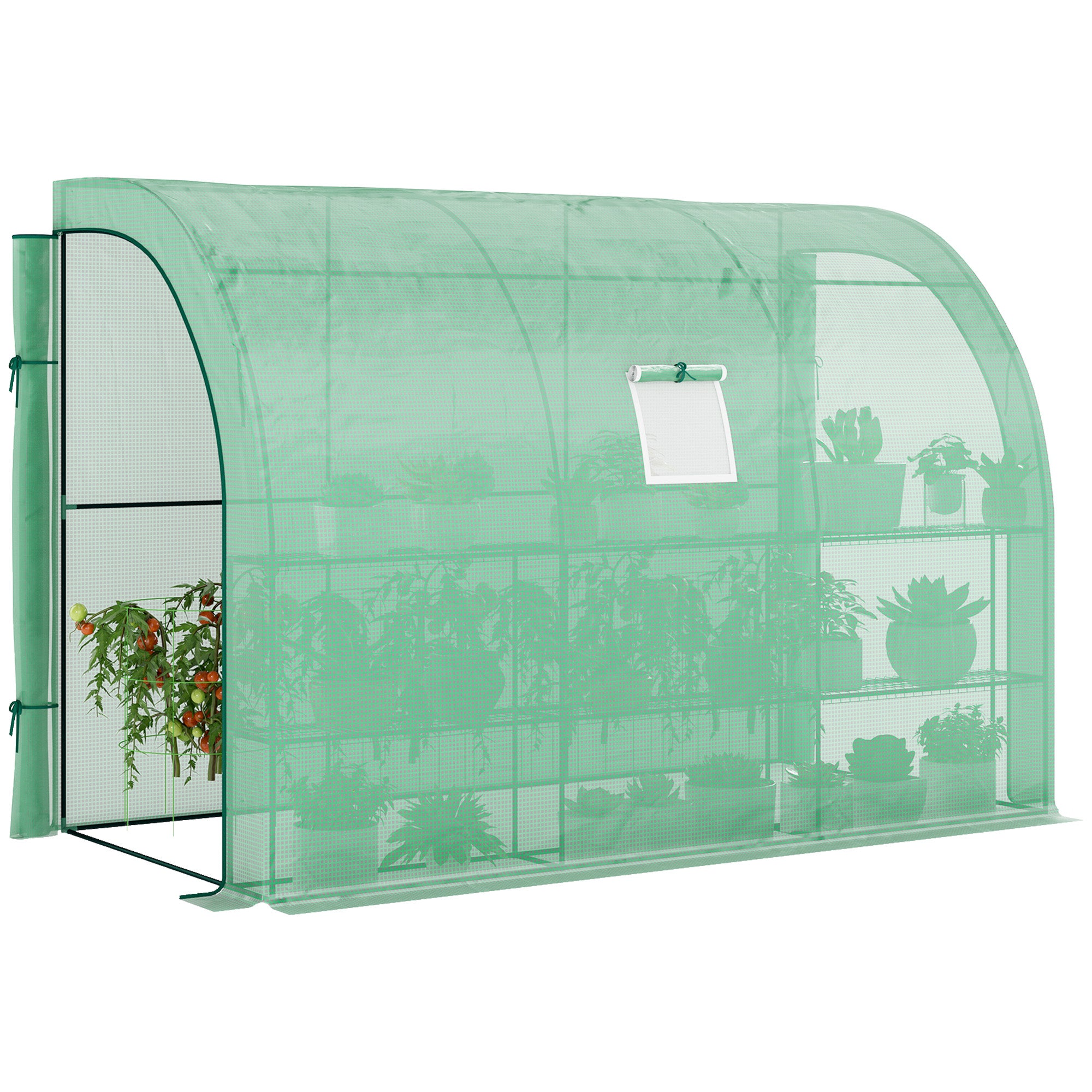 10' x 5' x 7' Lean to Greenhouse, Walk-In Green House, Plant Nursery with 2 Roll-up Doors and Windows, PE Cover and 3 Wire Shelves, Green - Green