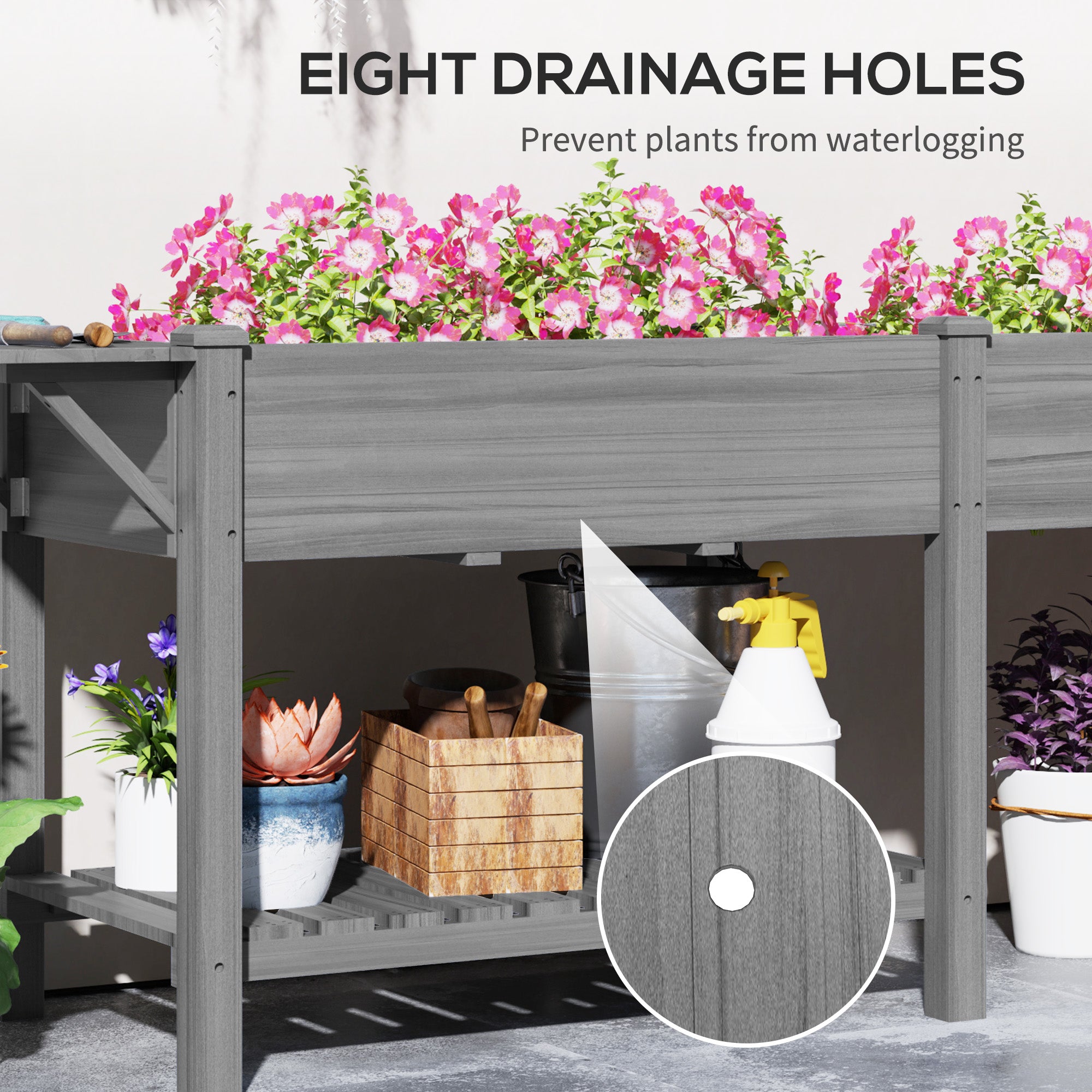 Wood Raised Garden Box, Elevated Garden Bed with Side Table, Bottom Shelf, Bed Liners and Drainage Holes, Gray - Gray - Image 7