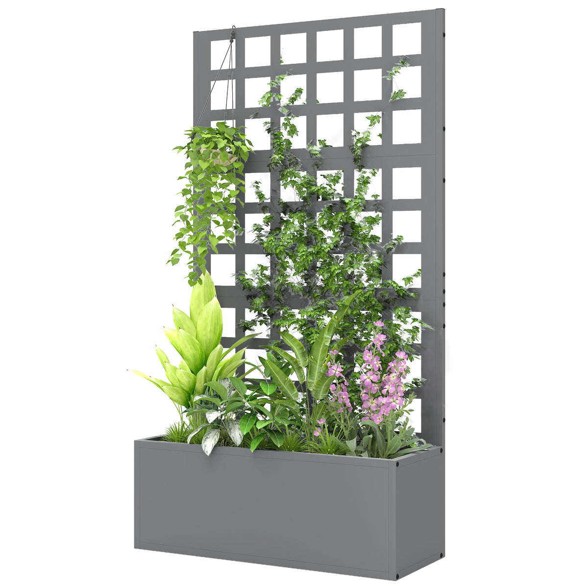 Galvanized Raised Garden Bed Planter Box with Trellis for Climbing Plants, Vegetable, Vines, 24" x 9" x 44.5", Gray
