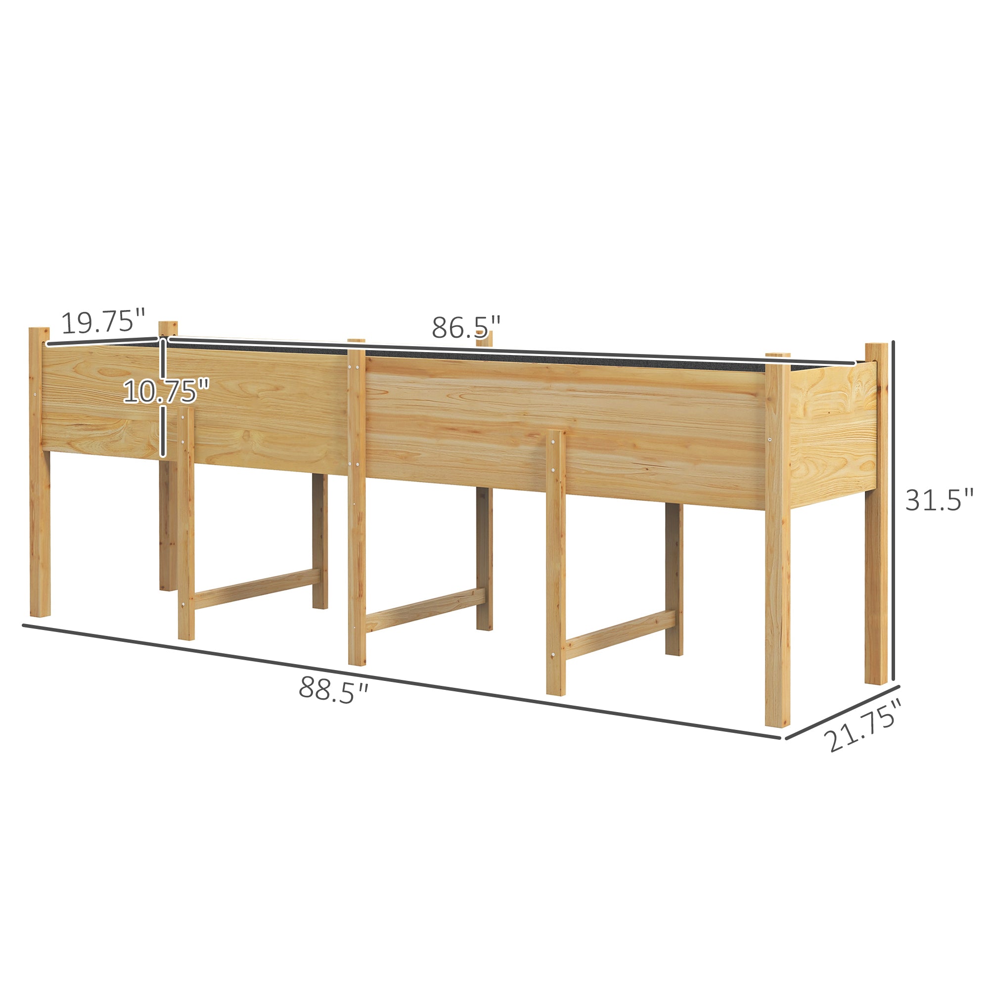 Wooden Raised Garden Bed, Large Elevated Planter Box with Legs, Bed Liner and Drain Holes, 7.4' x 1.8' x 2.6', Natural - Natural Wood - Image 3