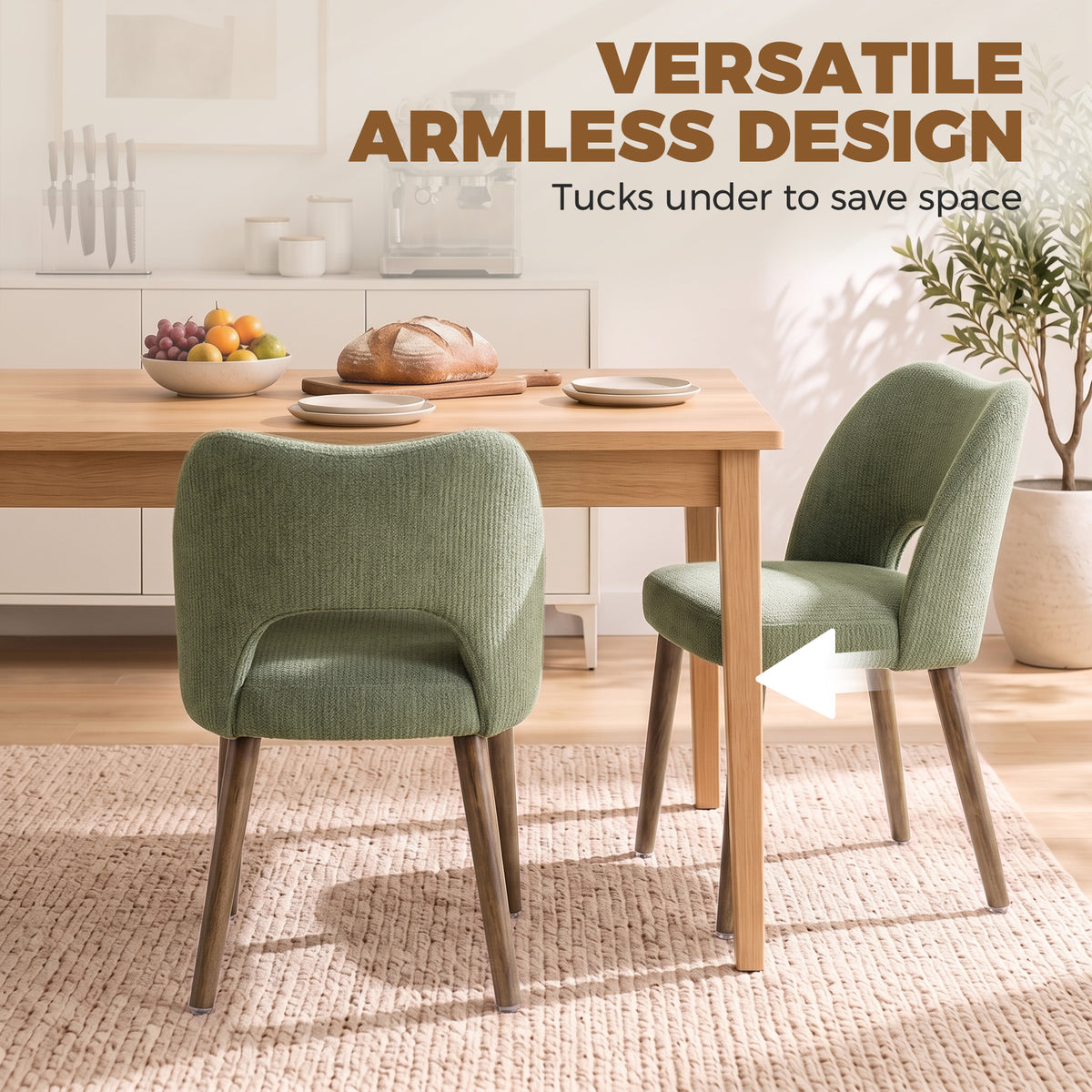 Dining Chairs Set Upholstered Kitchen Chenille Tool Free Assembly Rubberwood Legs, Green