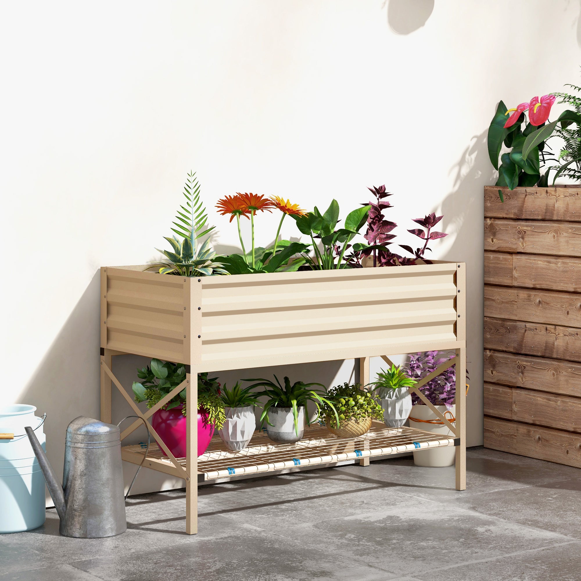 Galvanized Raised Garden Bed, Metal Planter Box with Legs, Storage Shelf and Bed Liner, Cream - Cream White - Image 2