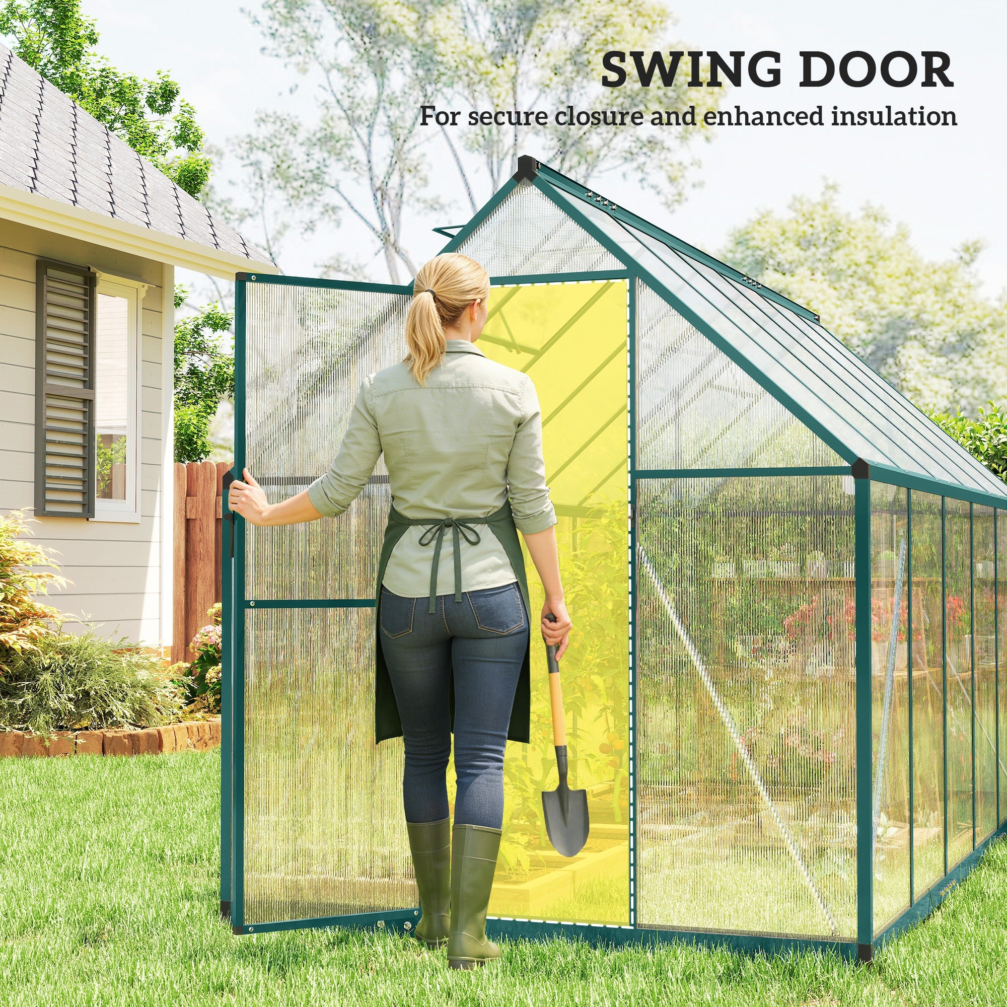 Polycarbonate Greenhouse with Swing Door and Two Adjustable Roof Vents, Aluminum Walk-in Greenhouse, 11x6 ft, Dark Green - Dark Green - Image 6