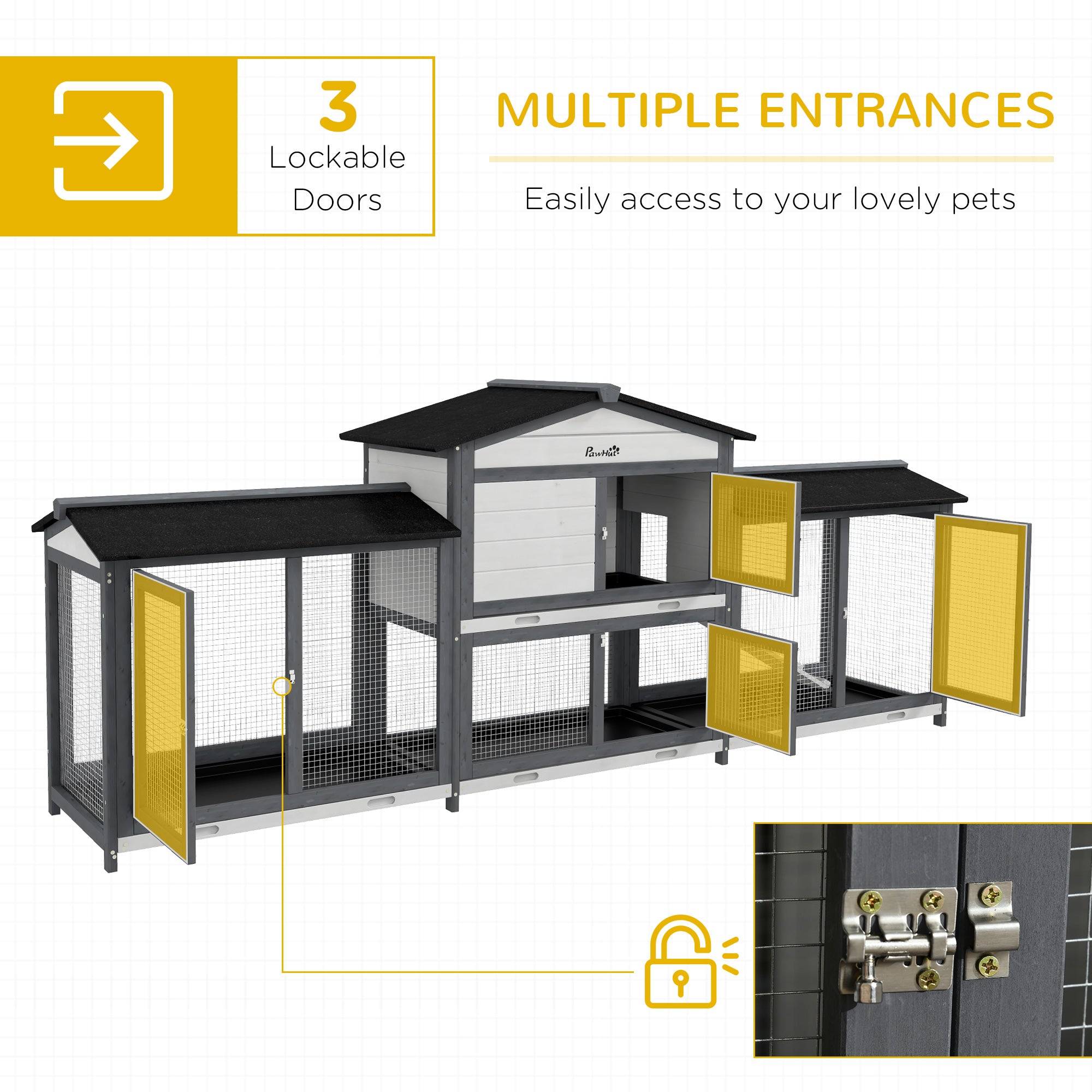 90.5" Wooden Rabbit Hutch Bunny Cage Pet Playpen House Enclosure with Double Side Run Boxes, No Leak Tray, Ramp, for Rabbits, Chickens, Ducks, Guinea Pig and Small Animals, Light Gray - Light Gray - Image 6