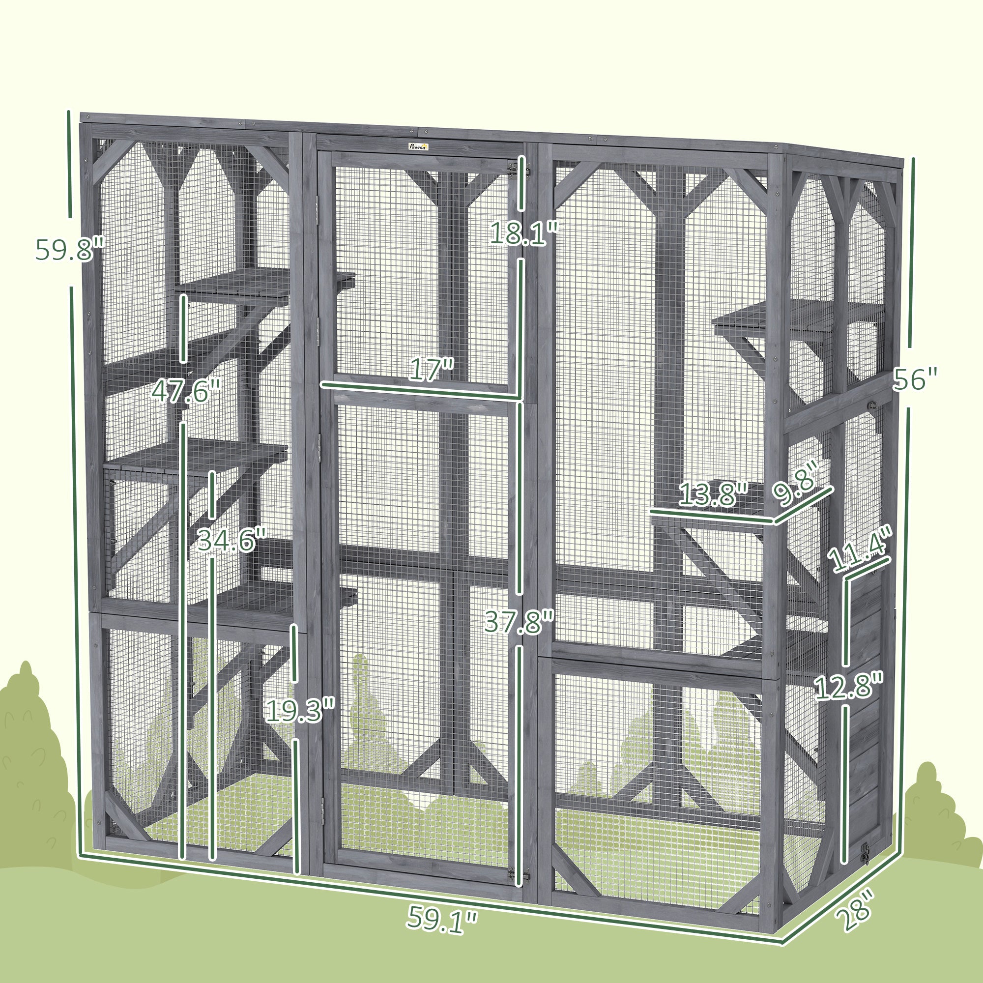 Large Wooden Catio Outdoor with 6 Jumping Platforms, Weatherproof Roof, for 1-3 Cats, 59" x 28" x 60", Gray - Gray - Image 3