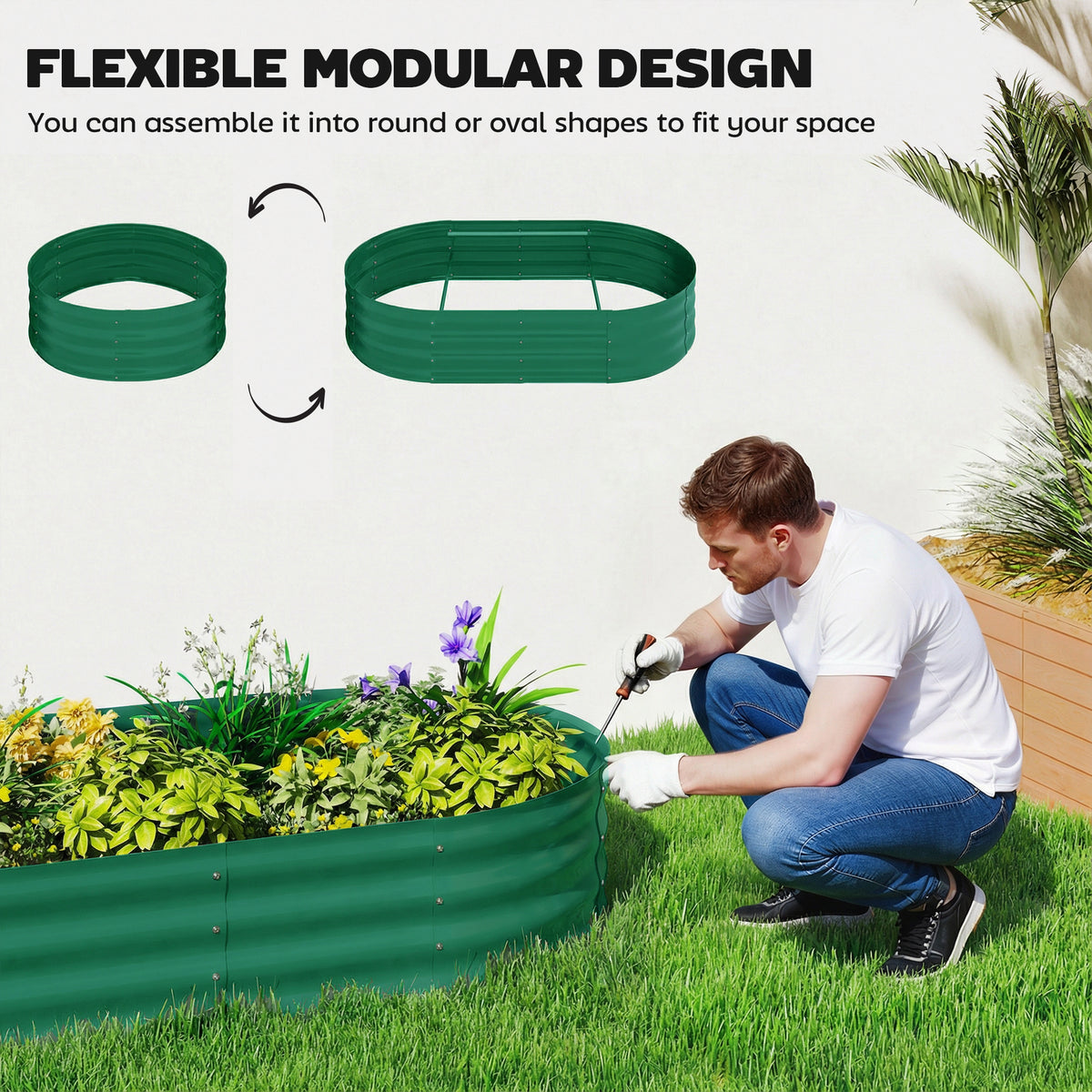 Galvanised Raised Garden Bed with Arched Trellis, 5 x 3 x 6ft Metal Outdoor Planter Box with Open Bottom, Green