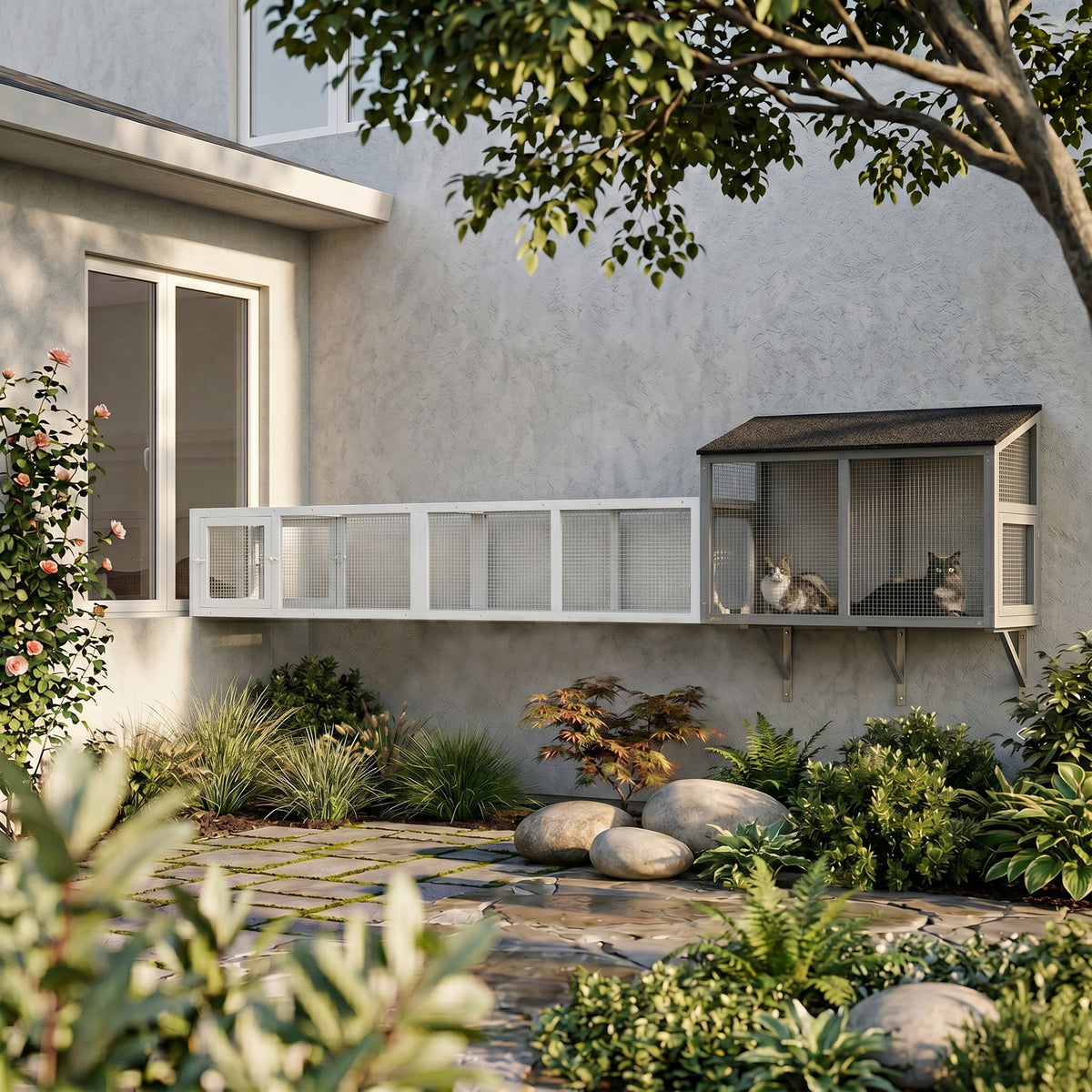 Wooden Cat Run with Weather Protection, Connecting Inside and Outside, 79"L x 15"W x 15"H, White