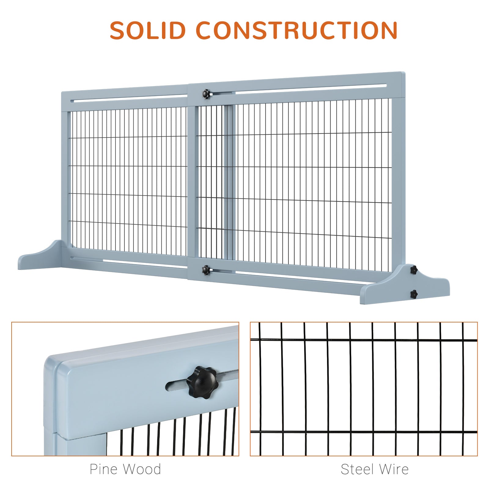 71" W x 27.25" H Extra Wide Freestanding Pet Gate with Adjustable Length Dog, Cat, Barrier for House, Doorway, Hallway, Blue-Gray - Gray - Image 6