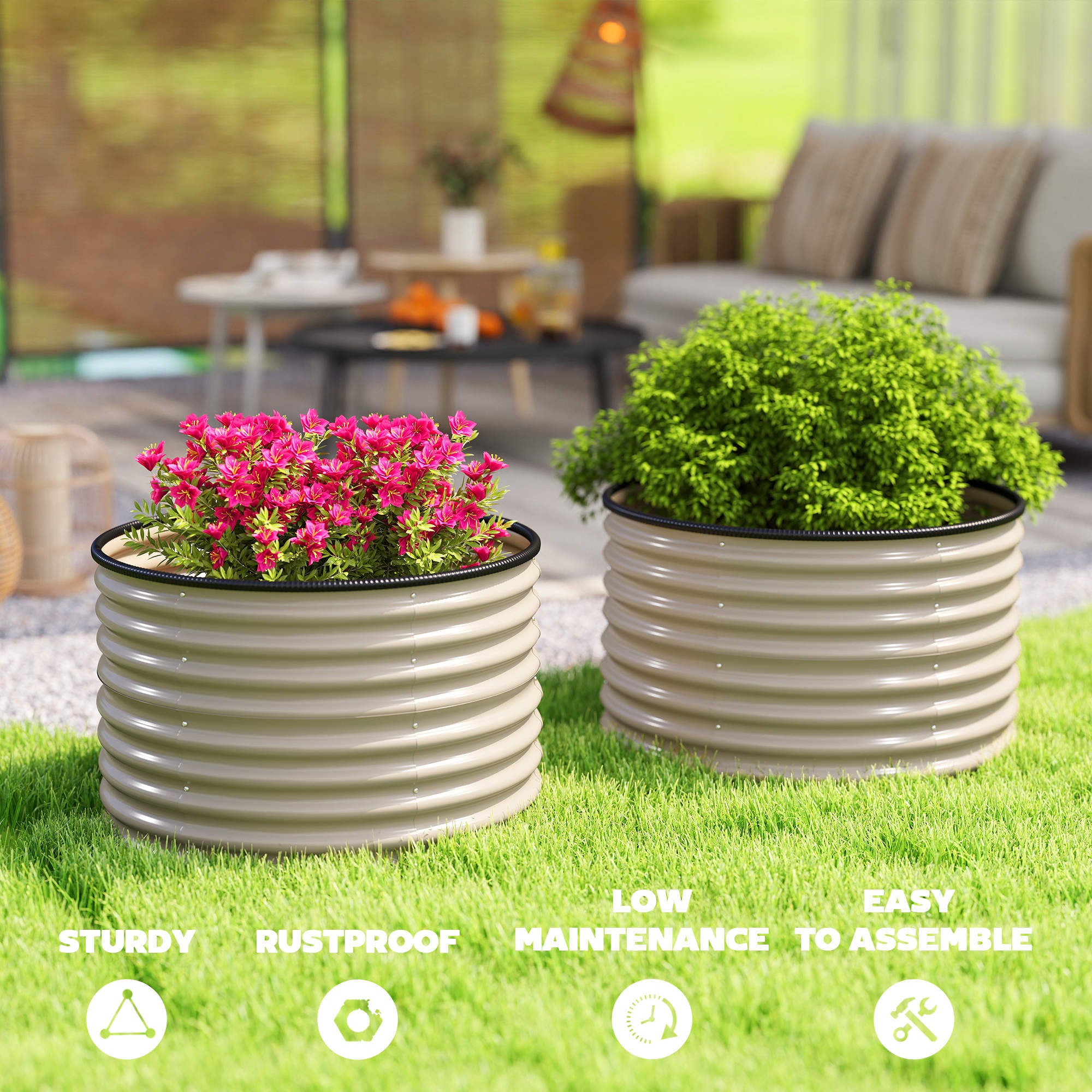 Set of 2 Raised Garden Bed, Metal Planter Box with Safety Edging, Easy-to-assemble Stock Tank, Cream White - Cream White - Image 7