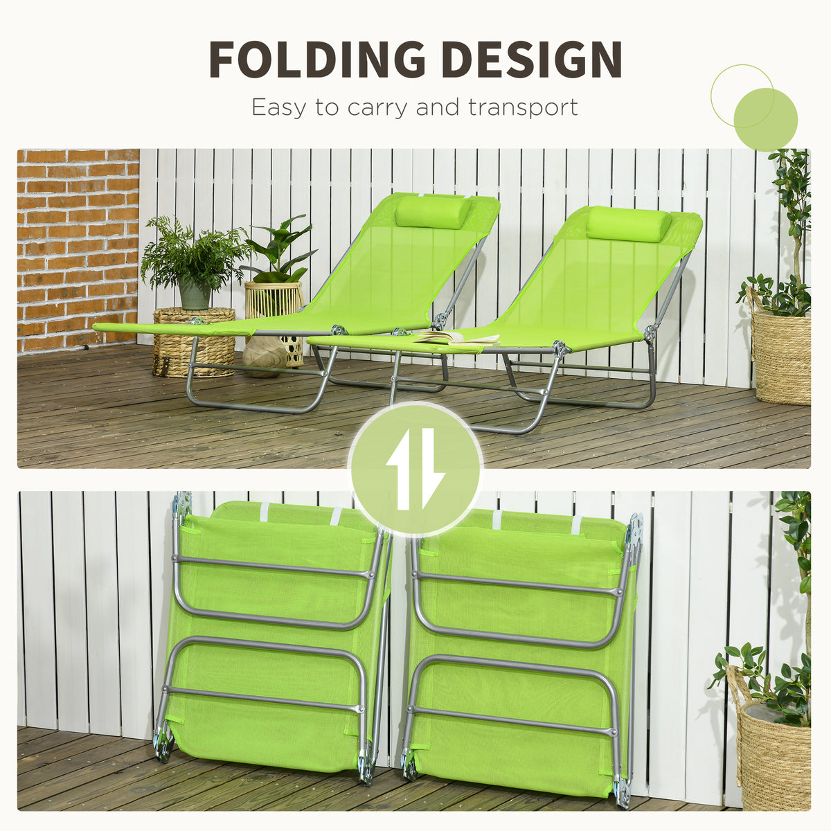 2 Piece Folding Chaise Lounge Chairs, Pool Sun Tanning Chairs with Reclining Back, Breathable Mesh Seat, Headrest for Beach, Yard, Patio, Green
