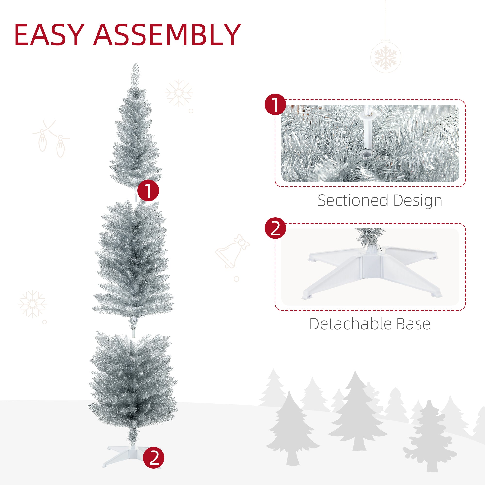 7ft Unlit Pencil Artificial Christmas Tree with Realistic Branches and 499 Tips, Plastic Base, Silver