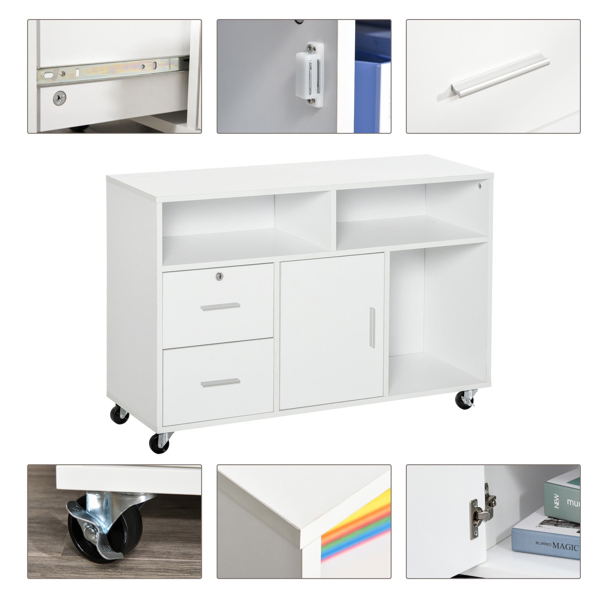 Printer Stand Home Office Mobile Storage Cabinet Organizer Desktop with Caster Wheels, 2 Locking Breaks and Drawer, White