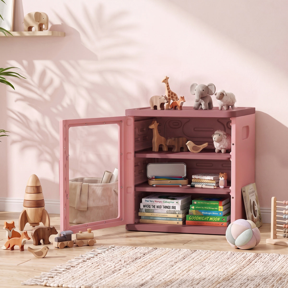 Toy Storage Organizer, 3 Tier Adjustable Toy Storage Cabinet Dustproof HDPE Plastic, Transparent Door, Pink