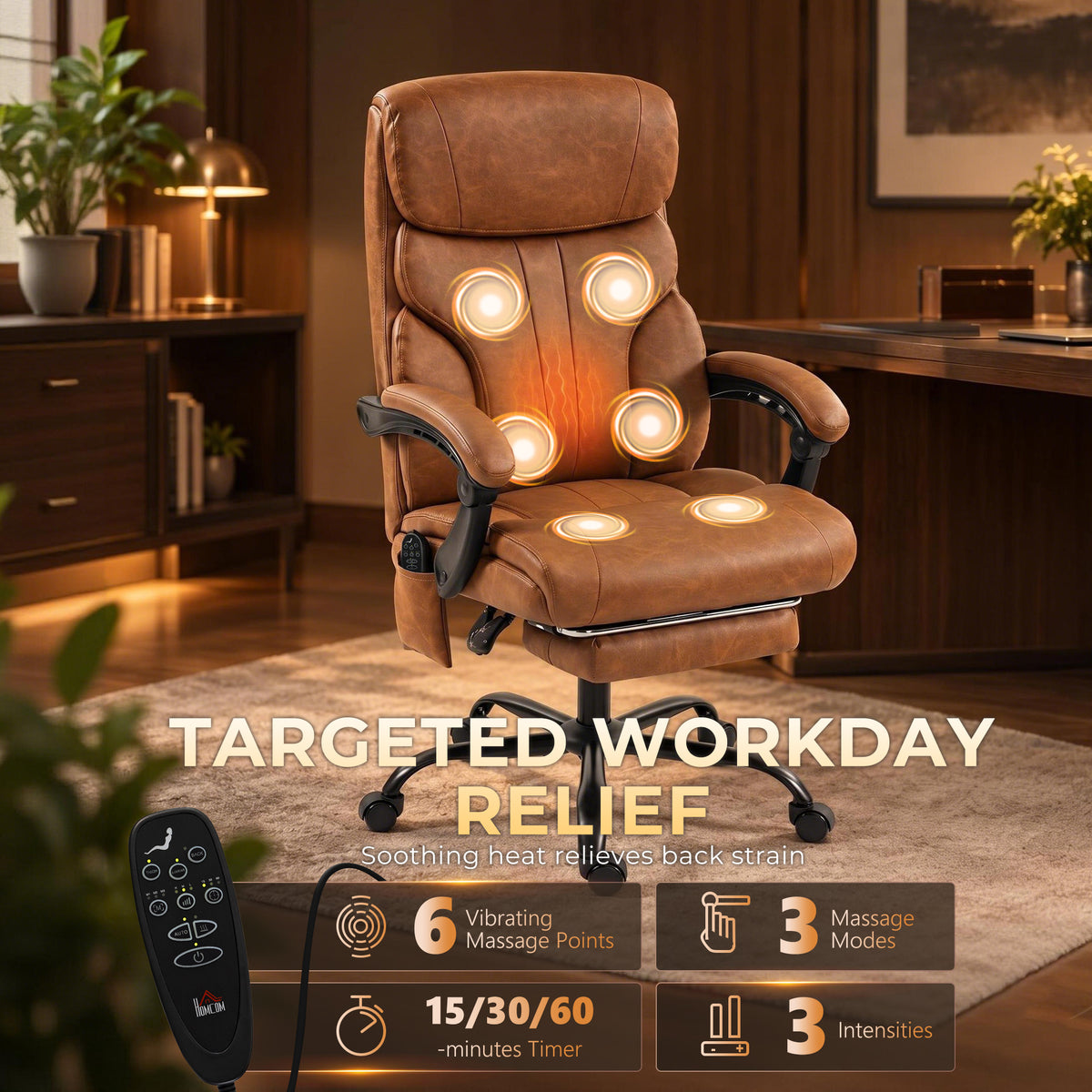 Massage Office Chair Vibration Computer Chair Heated Reclining PU Leather Footrest Height Adjustable Brown
