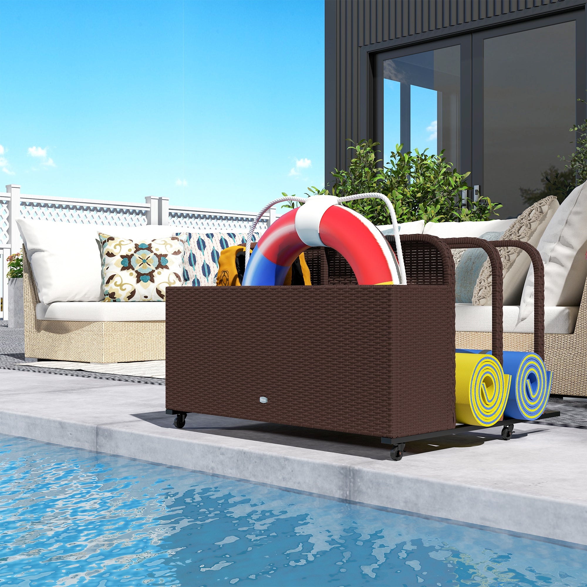 PE Rattan Pool Float Storage Organizer with Wheels, Brown - Brown - Image 8