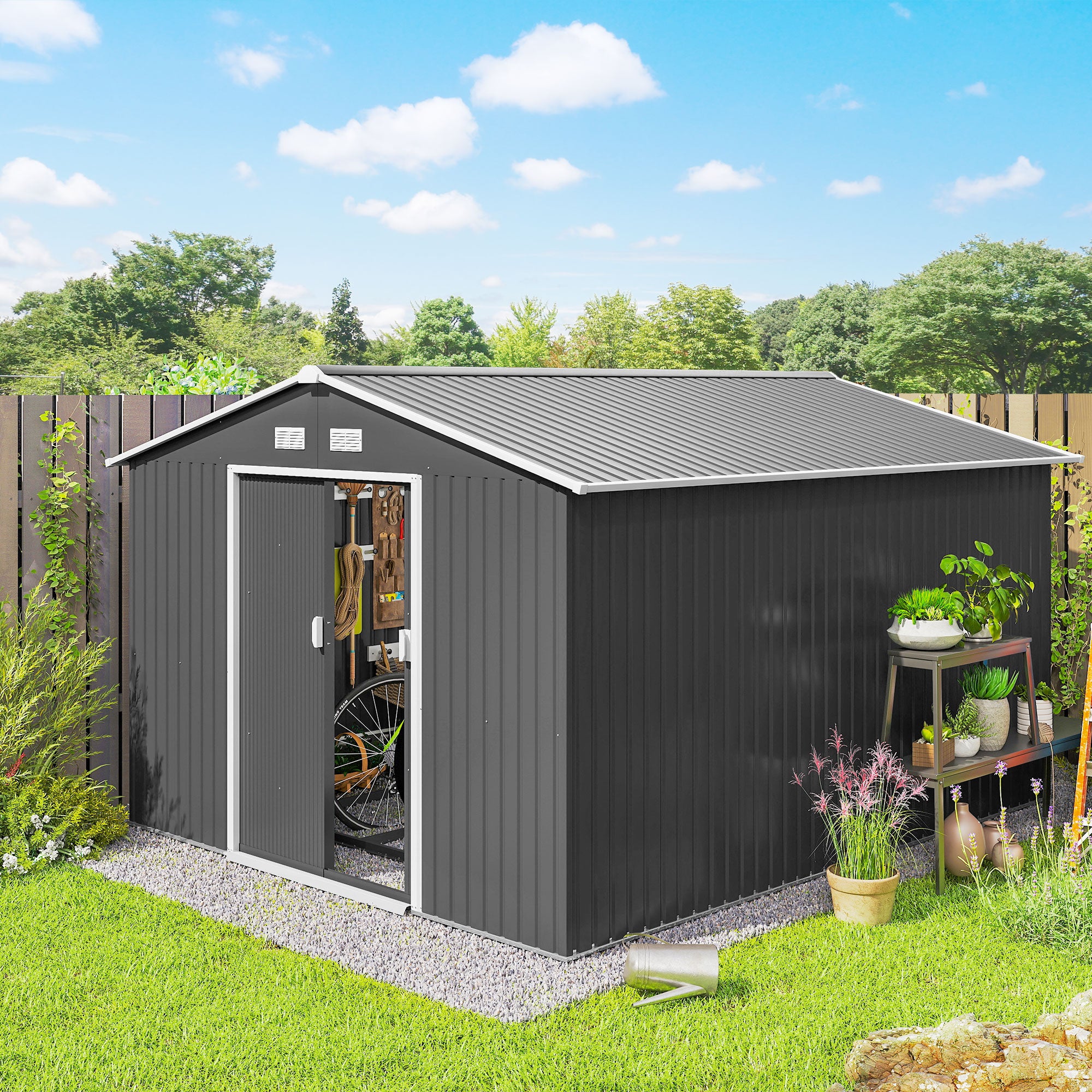 11' x 9' Metal Storage Shed Garden Tool House with Double Sliding Doors, 4 Air Vents for Backyard, Patio, Gray - Gray - Image 2
