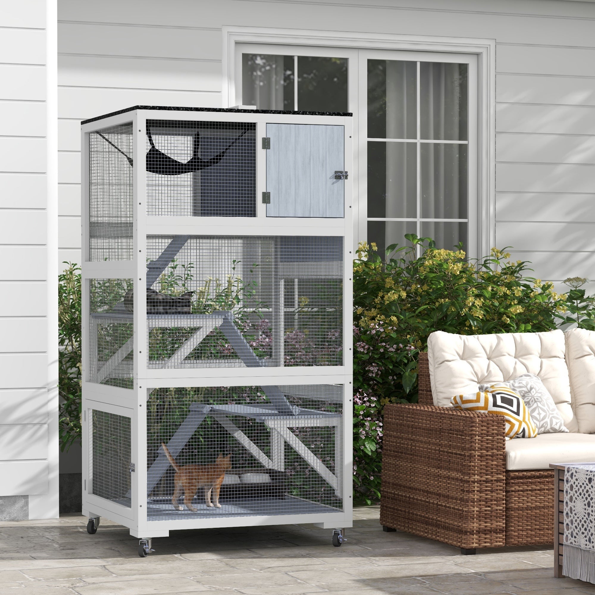 Catio, Outdoor Cat Enclosure House on Wheels with Hammock, Gray - Light Gray - Image 2