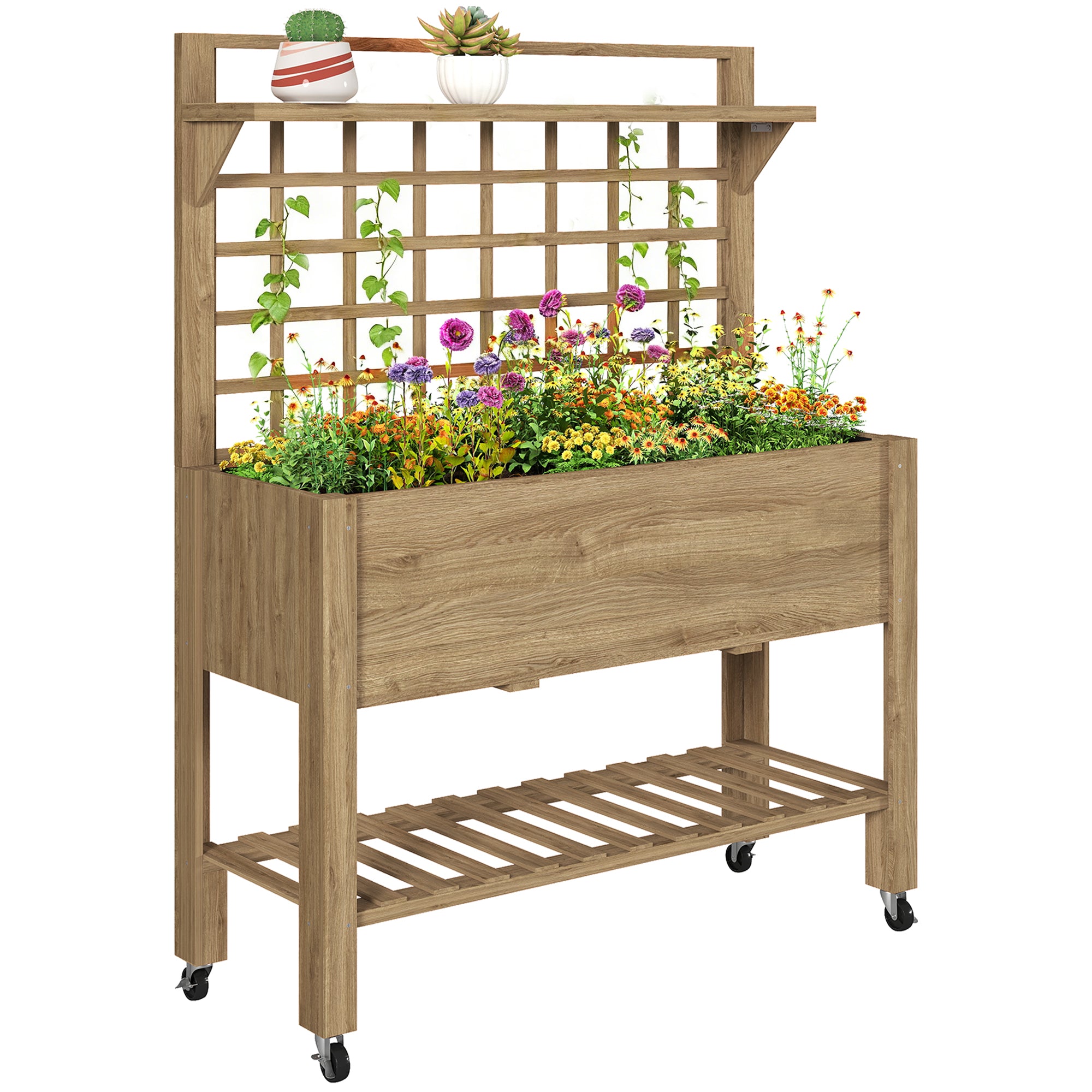 41" Raised Garden Bed Mobile Elevated Wooden Planter Box Stand with Wheels, Trellis and Storage Shelf, Dark Brown - Coffee