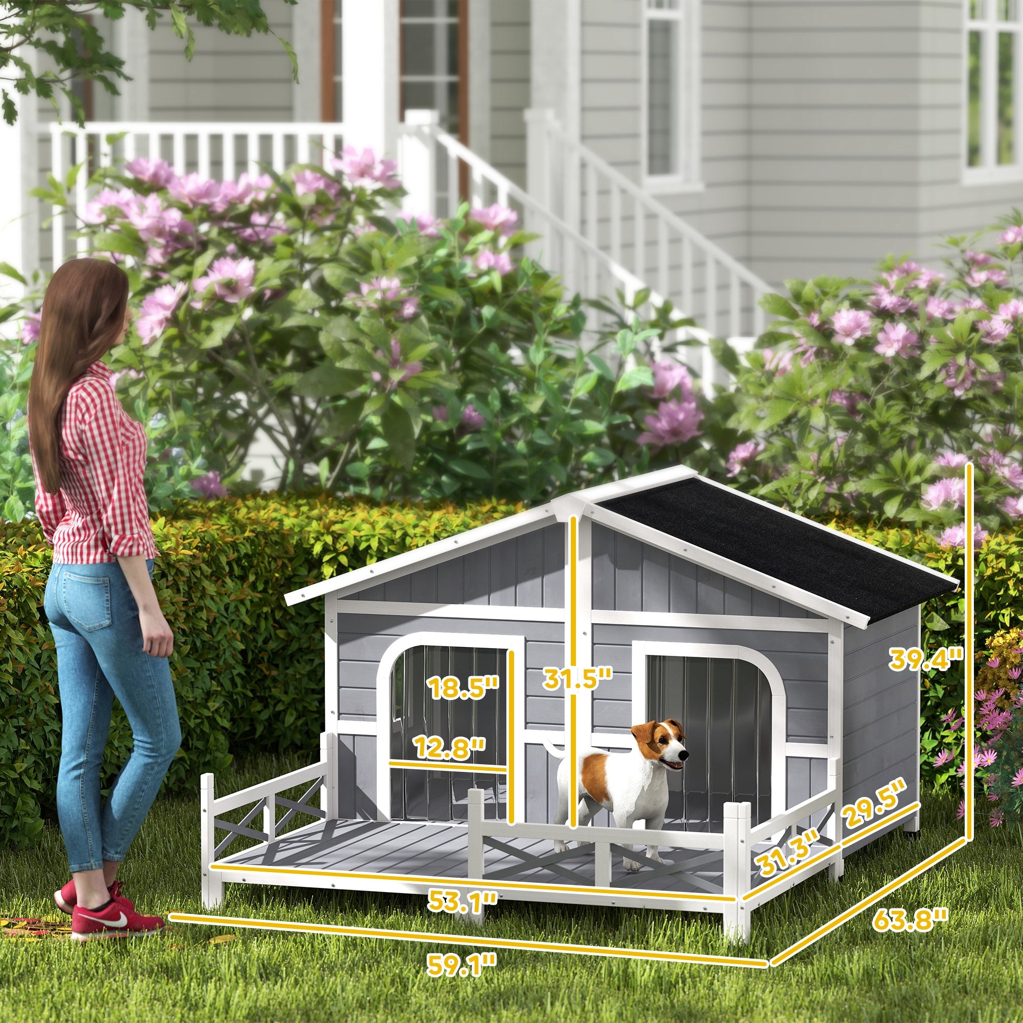 Dog House Outdoor, Wooden Dog Kennel Weatherproof with Porch, Openable Roof, Removable Bottom, Elevated Floor, Double Room for 2 Small to Medium Breeds, Gray - Grey - Image 3