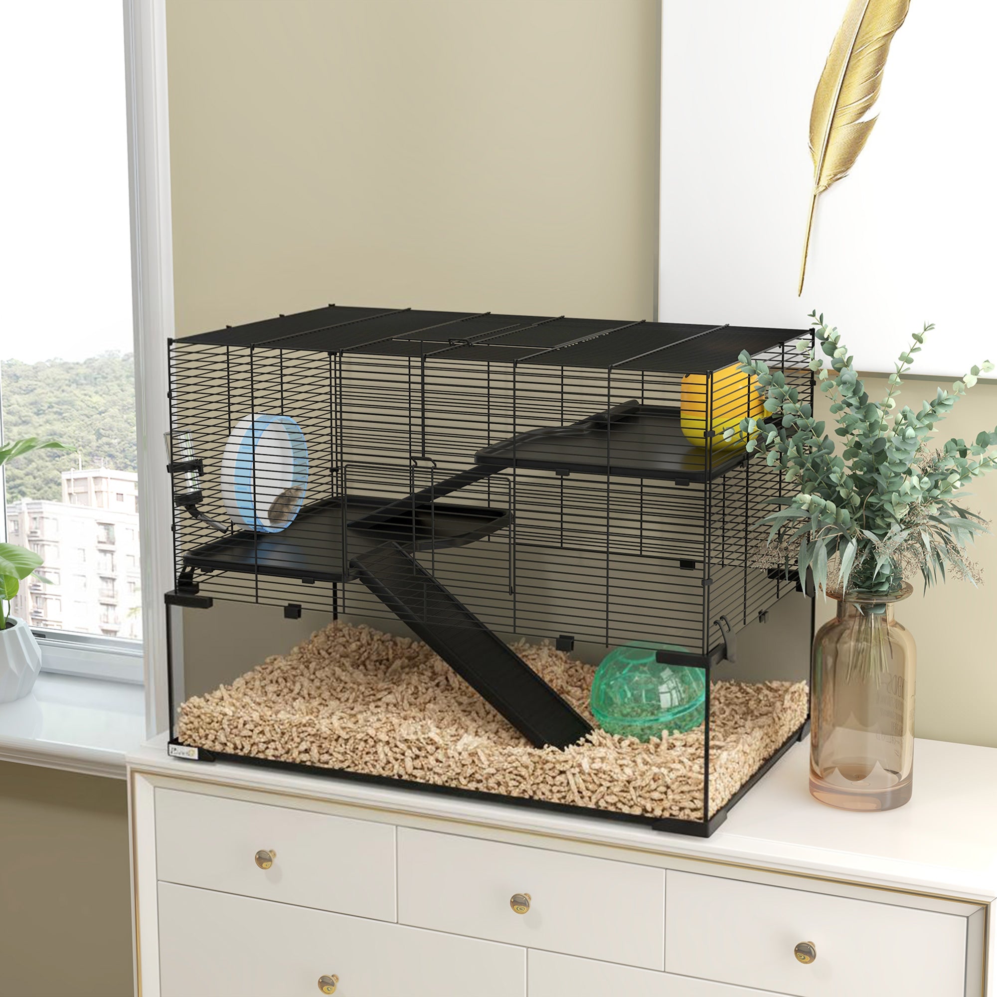 30" Hamster Cage, Gerbil Cage with Glass Basin for Small Hamsters, Black - Black - Image 2