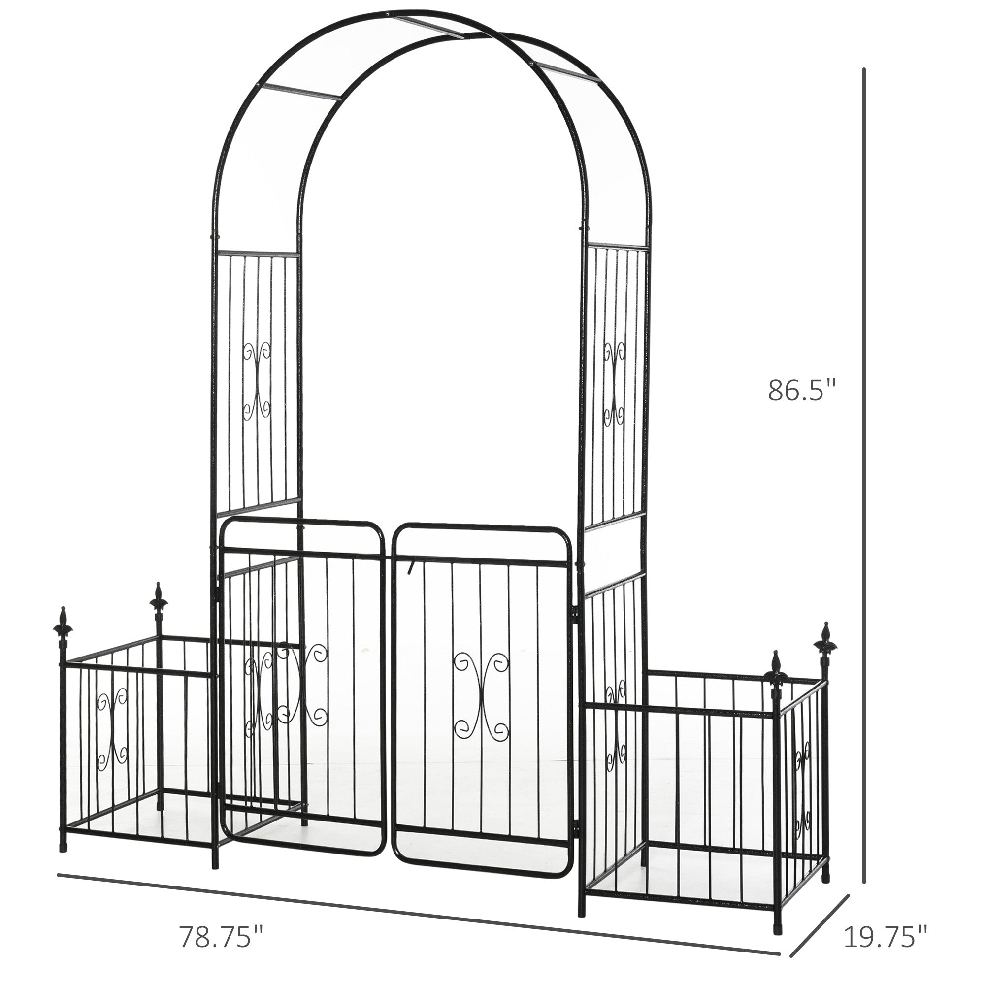 86" Garden Arch Arbor, Metal Arch Trellis with Gate and Planter Baskets, Garden Archway for Climbing Vines, Wedding Ceremony Decoration, Flourishes & Arrow Tips, Black - Black - Image 3