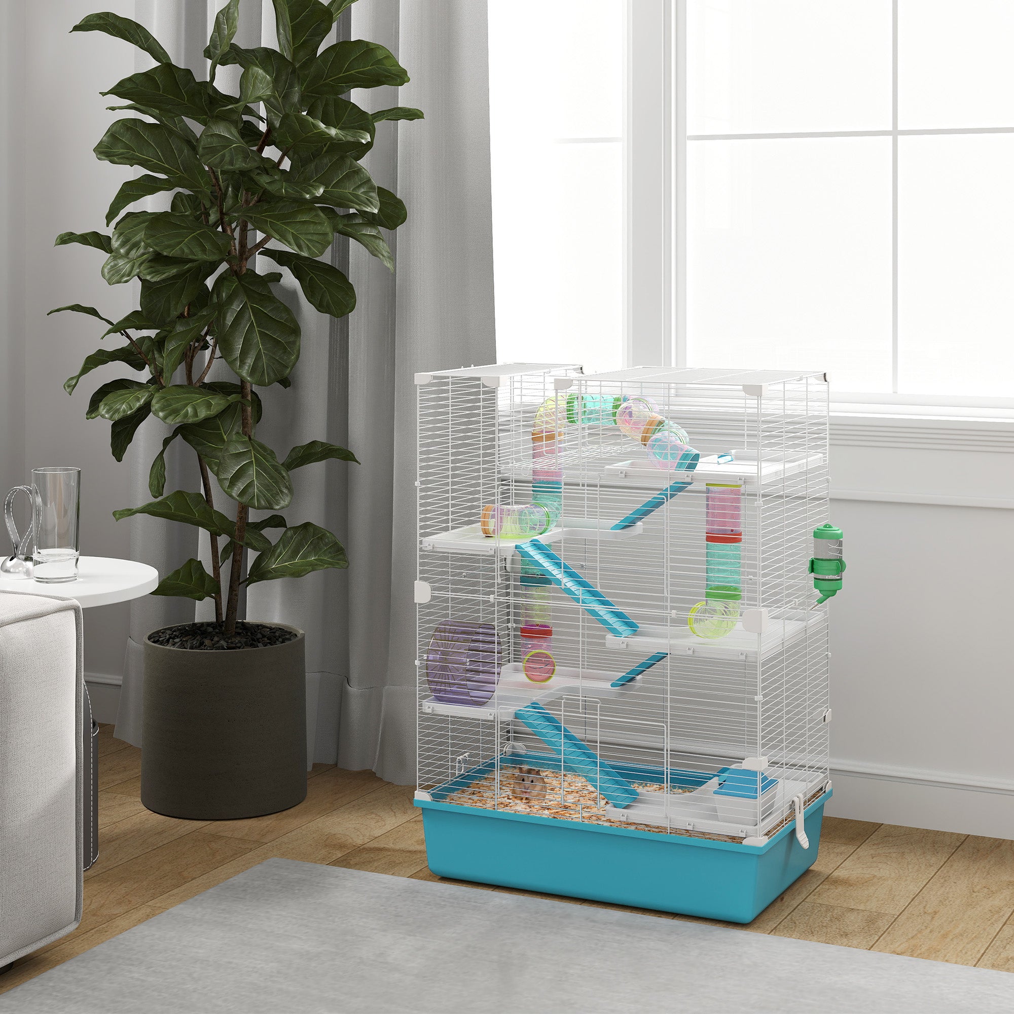 6 Tier Hamster Cage with Tubes and Tunnels, Hut, Wheel, Food Dish, Water Bottle, Ramps, for Dwarf & Gerbil, Light Blue - Light Blue - Image 2