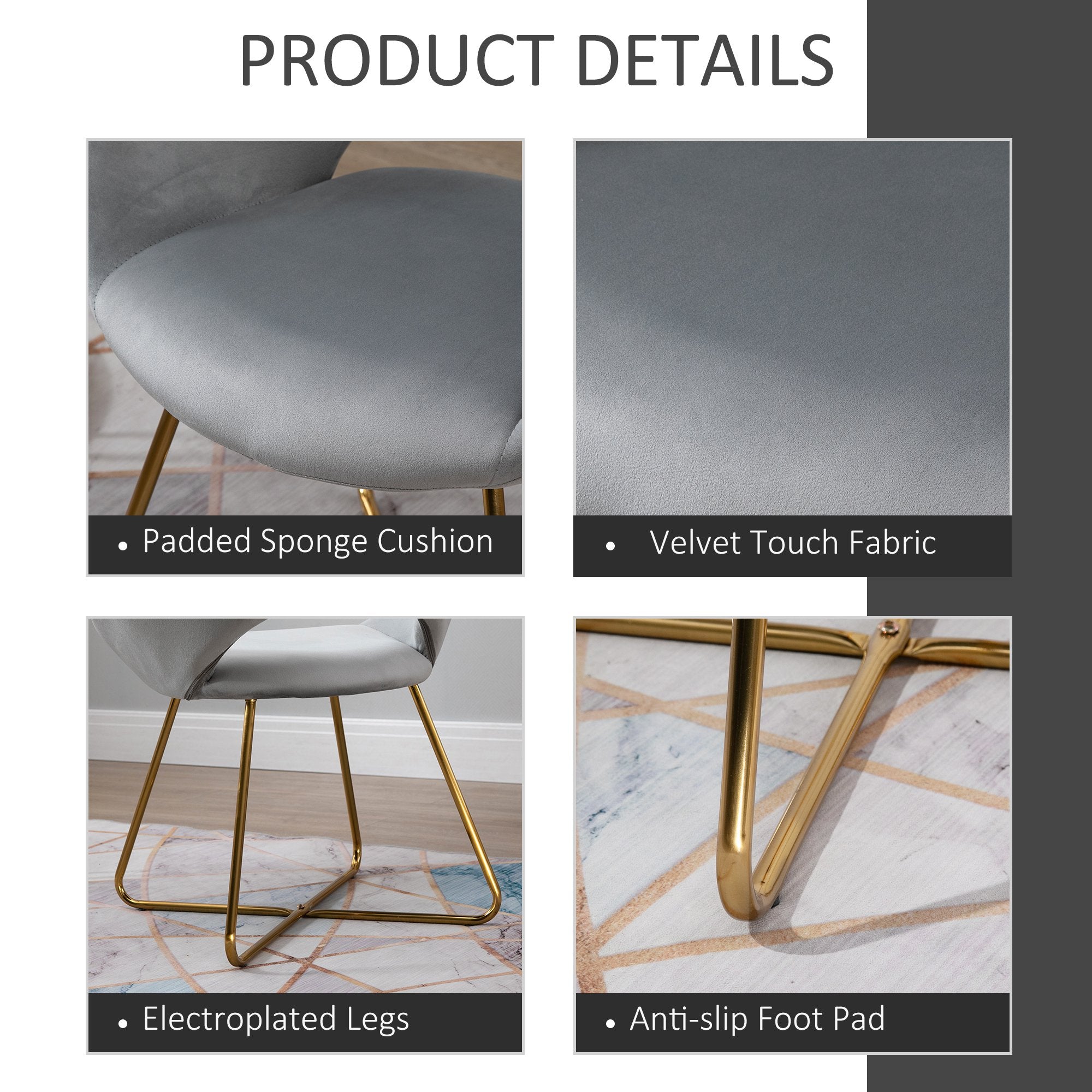 Modern Accent Velvet Chair Open Curved Mid-Back Upholstered Vanity Chair with Gold Plating Metal Legs Gray
