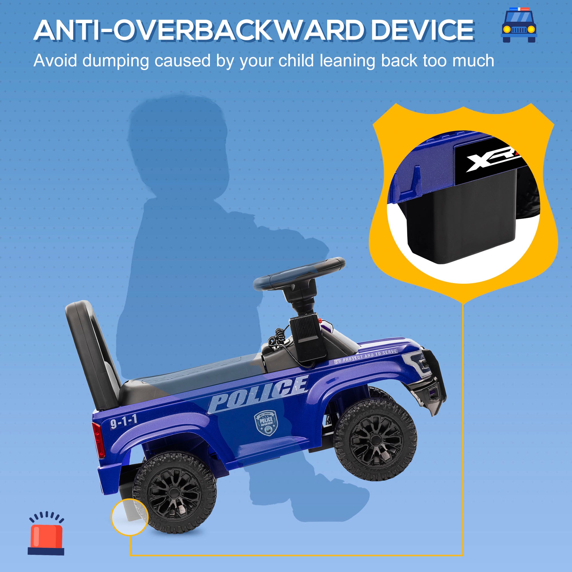 Kids Push Ride On Car with Working PA System and Horn, Police Truck Style Foot-to-Floor Sliding Car for Boys and Girls with Under-Seat Storage, for 18 Months to 5 Years Old, Blue