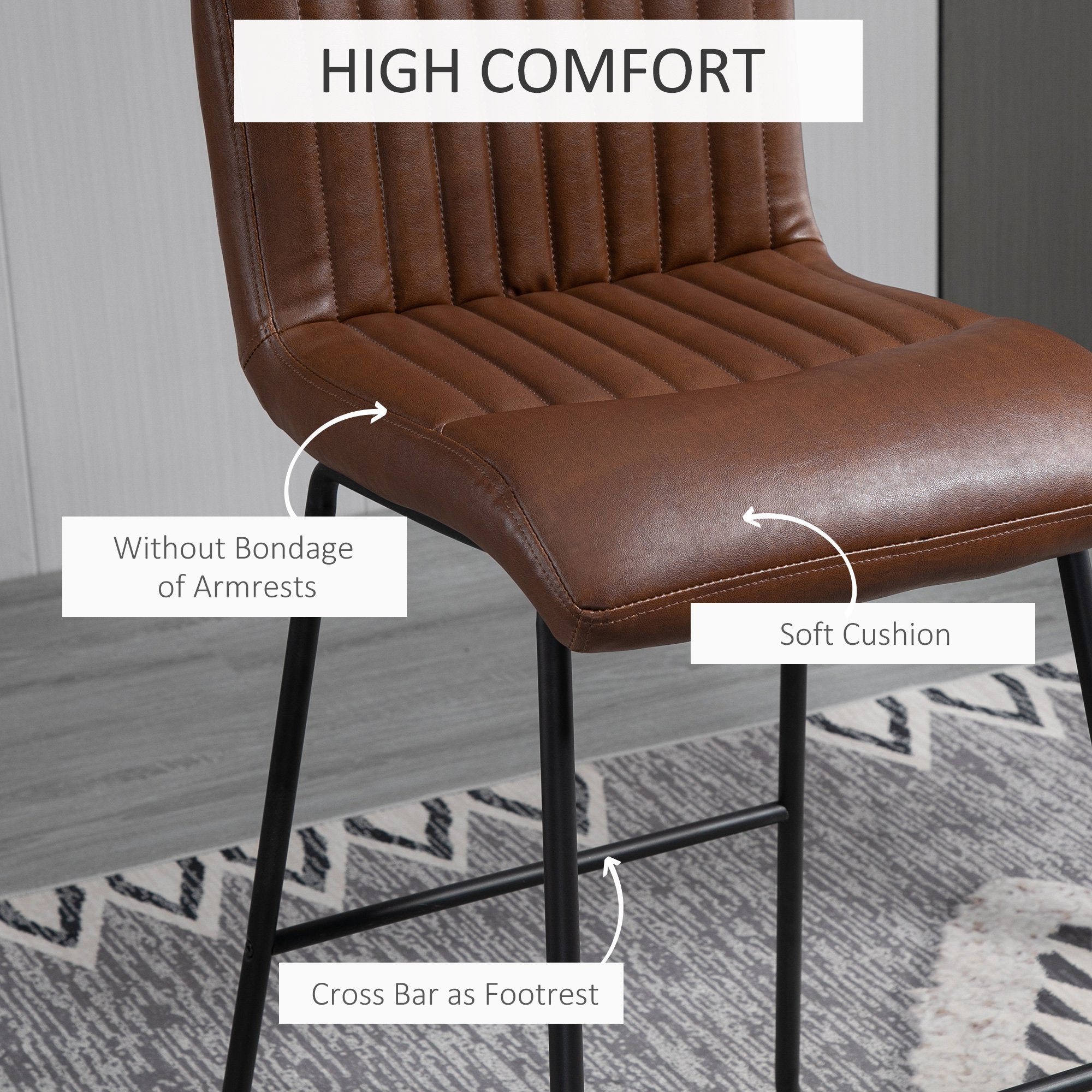 30" Industrial Bar Stool, PU Leather Barstool with Footrest, Upholstered Armless Pub Height Chair, Brown / Black