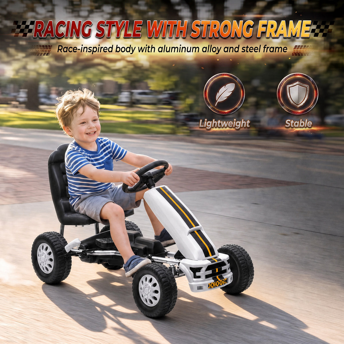 Lightweight Pedal Go Kart with Steering Wheel, Go Cart Ride on Toy with Adjustable Seat for 3+ Years, White