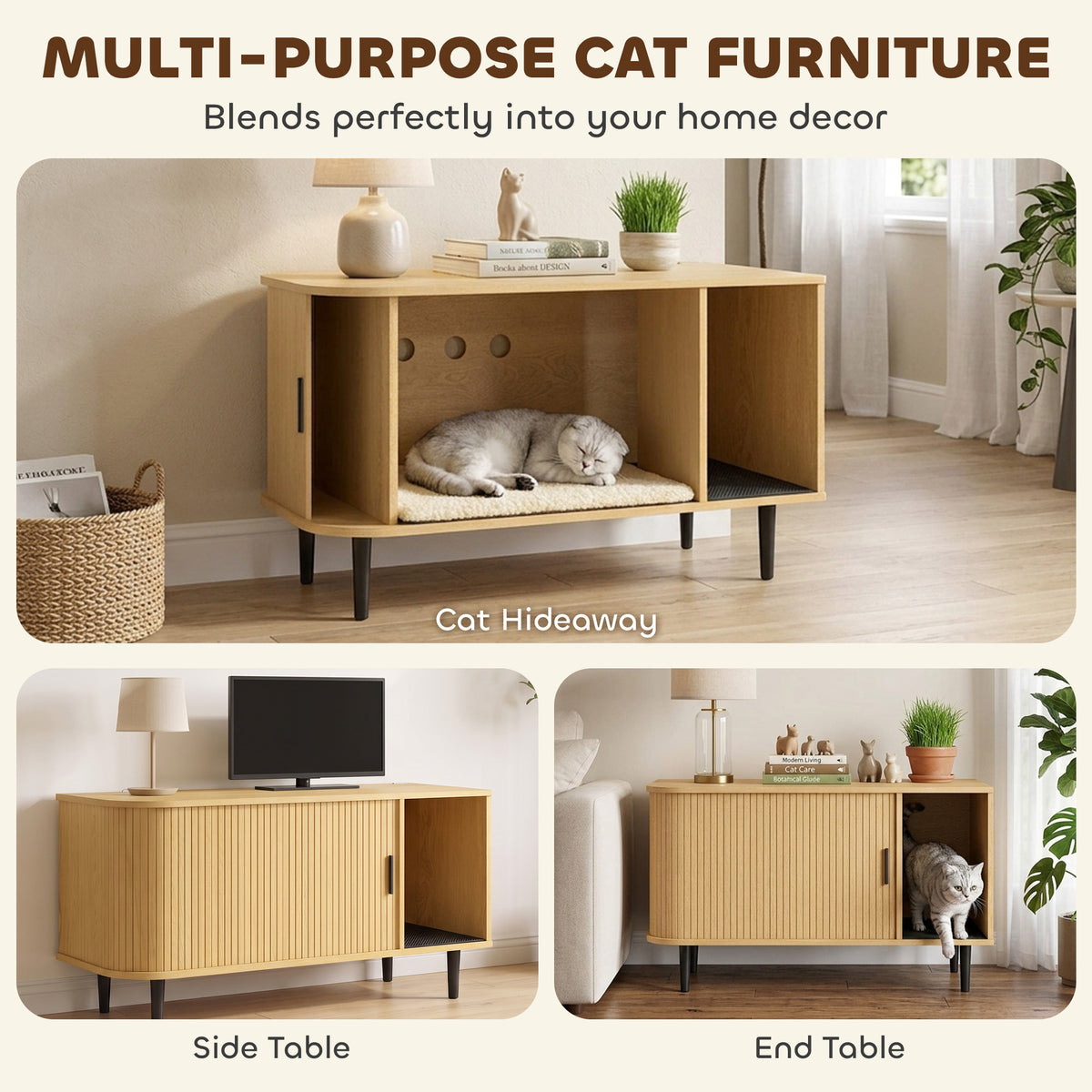 Cat Litter Box Enclosure with Sliding Door, Litter Mat, Modern Cat House, TV Stand, Side End Table for Living Room