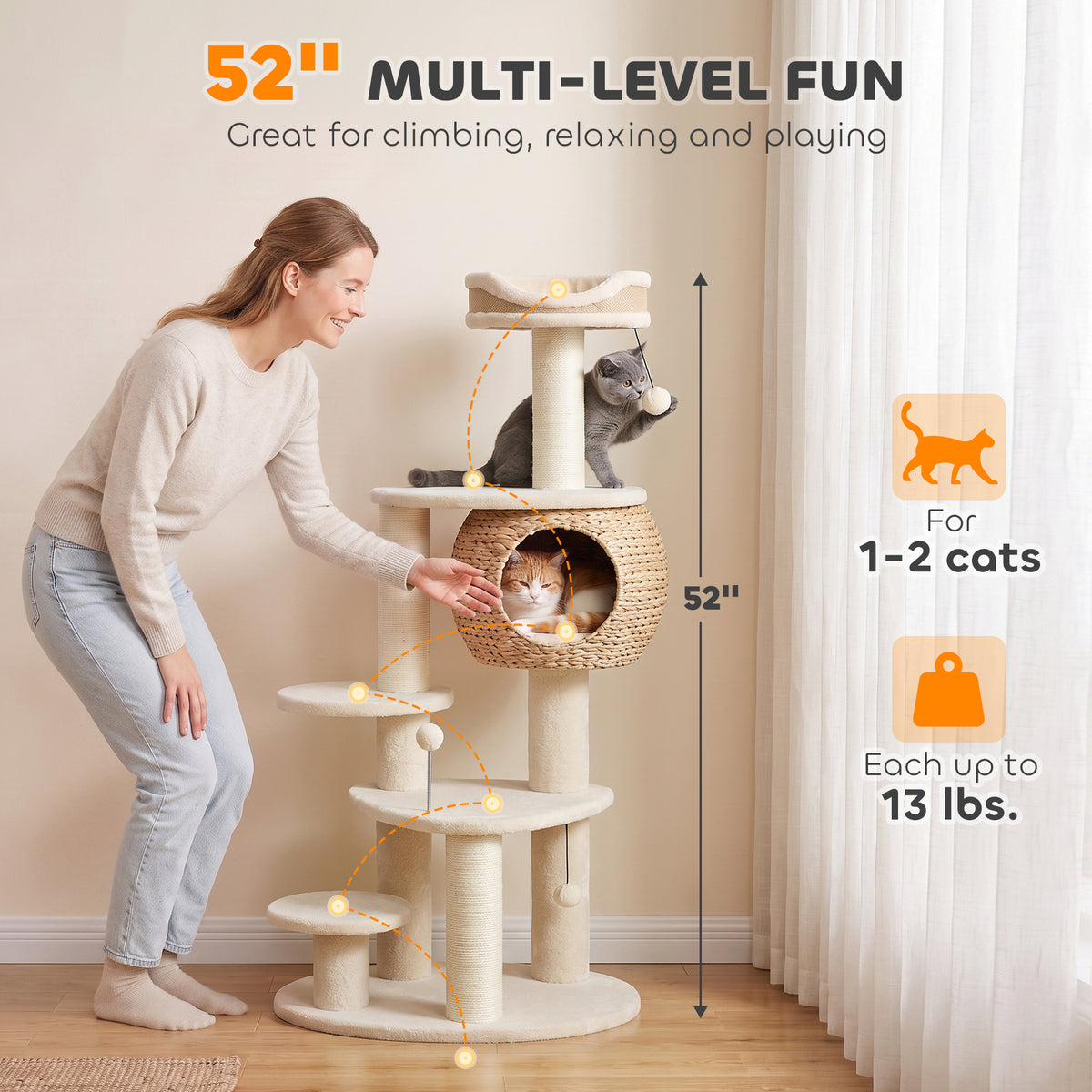 52" Cat Tree, Cat Tower with Handwoven Cattail Condo, Bed, Platforms, 3 Scratching Posts and 3 Toy Balls
