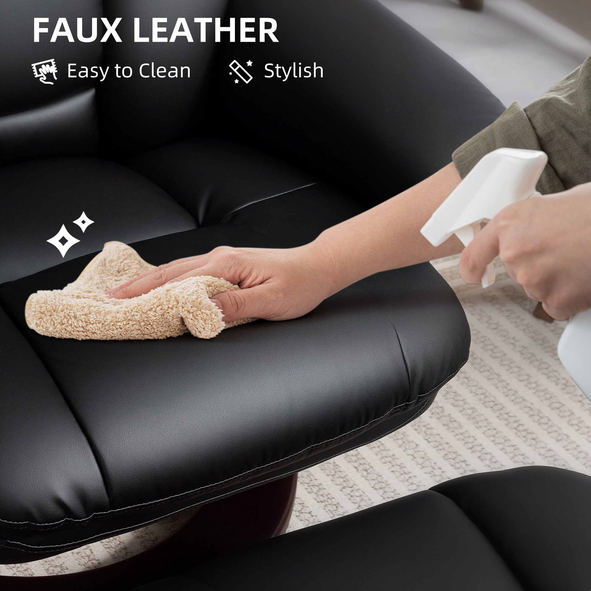 Swivel Recliner with Ottoman, PU Leather Reclining Chair with Footrest, for Living Room, Bedroom, Black