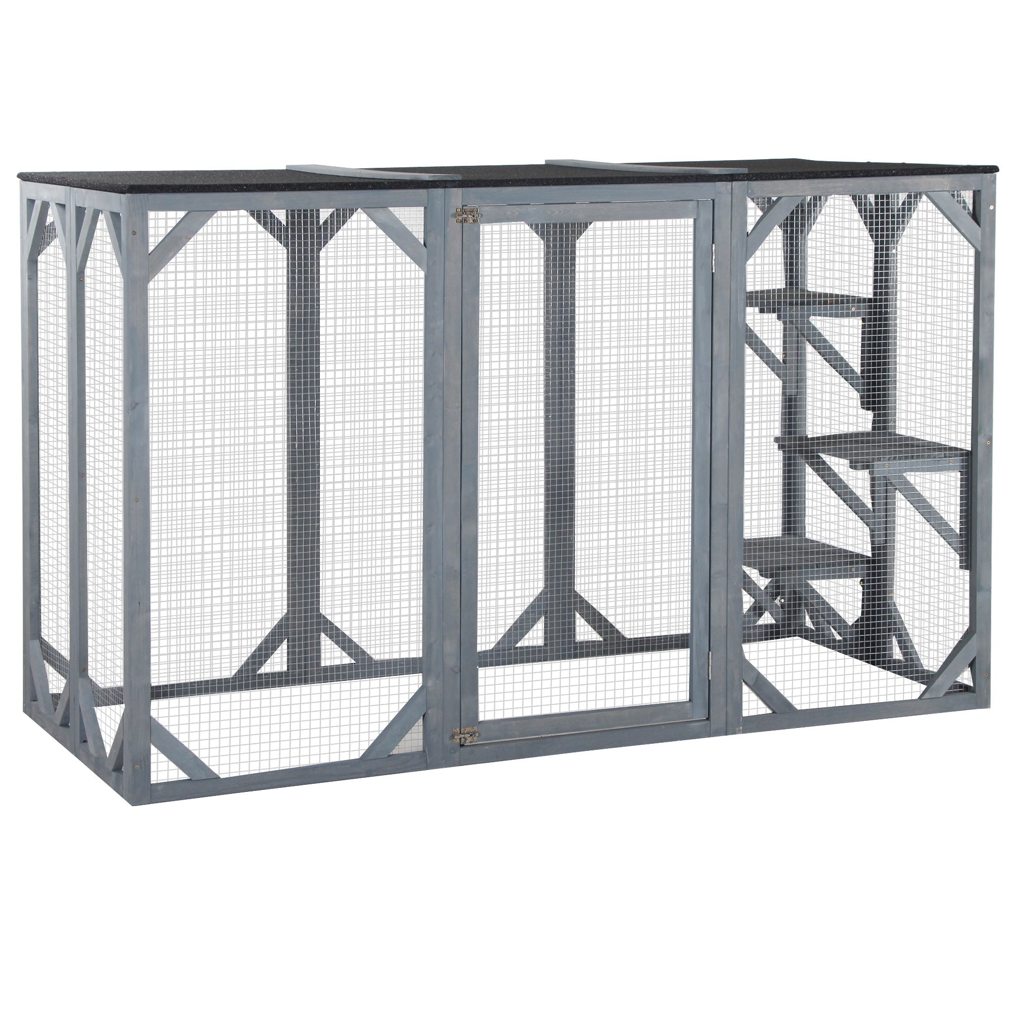71" x 32" x 44" Large Wooden Outdoor Cat Enclosure Catio Cage With 3 Platforms, Gray - Grey