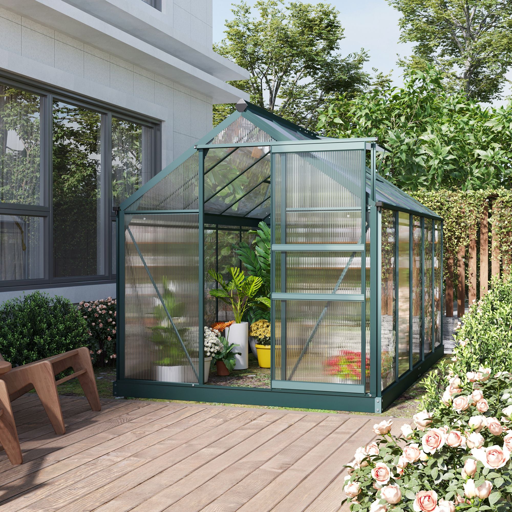 6' x 10' Greenhouse for Outdoors, Polycarbonate Greenhouse with Rain Gutter and Roof Vent, Aluminum Walk-in Green Houses for Outside for Patio Backyard Garden, Dark Green - Dark Green - Image 7