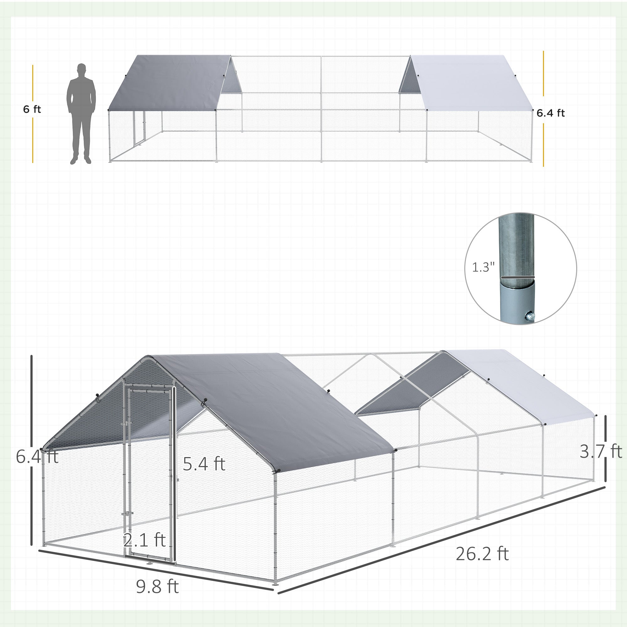 Large Chicken Coop Metal Chicken Run for Chickens with Waterproof and Anti-UV Cover, Spire Shaped Walk in Fence Cage Hen House for Outdoor and Yard Farm Use, 1.3" Dia, 9.8' x 26.2' x 6.4' - Silver - Image 3